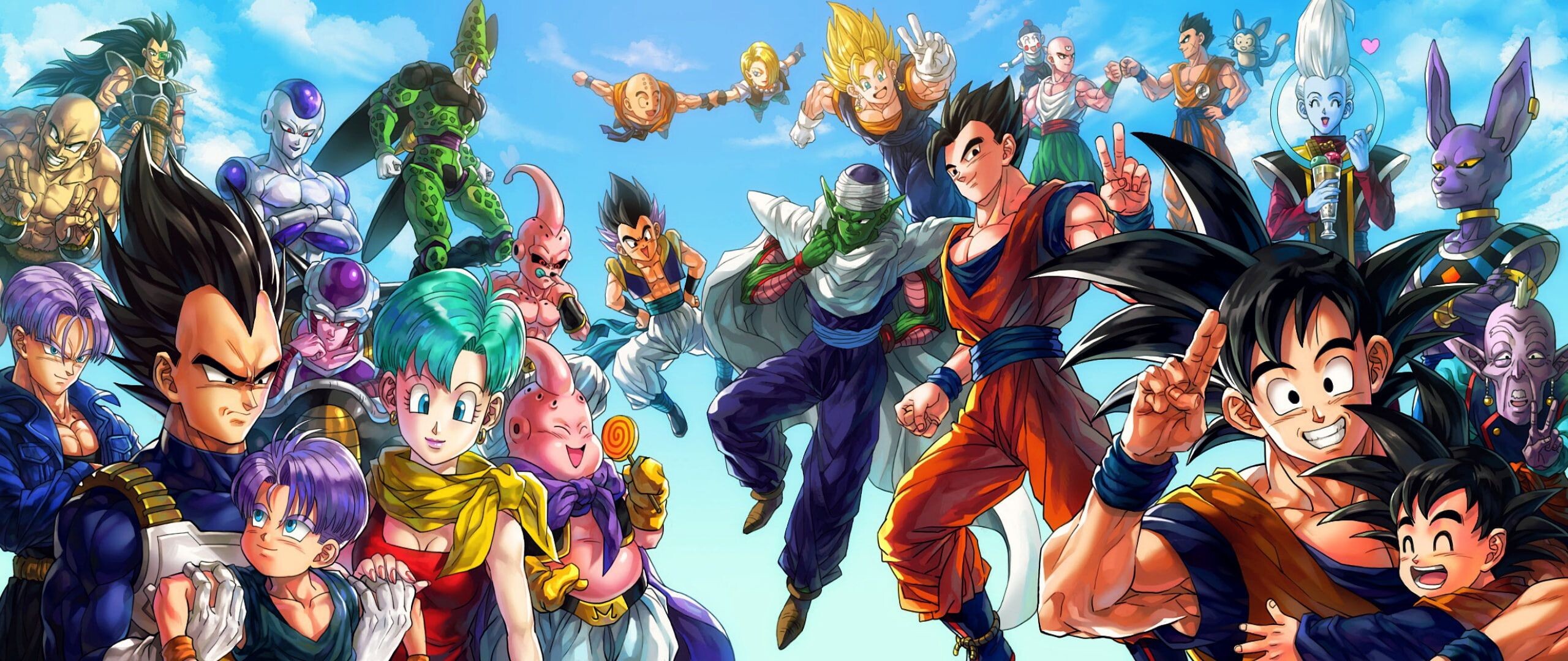 Gohan: Vegeta, Tien Shinhan, Chiaotzu, Yamcha, Krillin, Goku, Piccolo, Future Trunks. 2560x1080 Dual Screen Wallpaper.