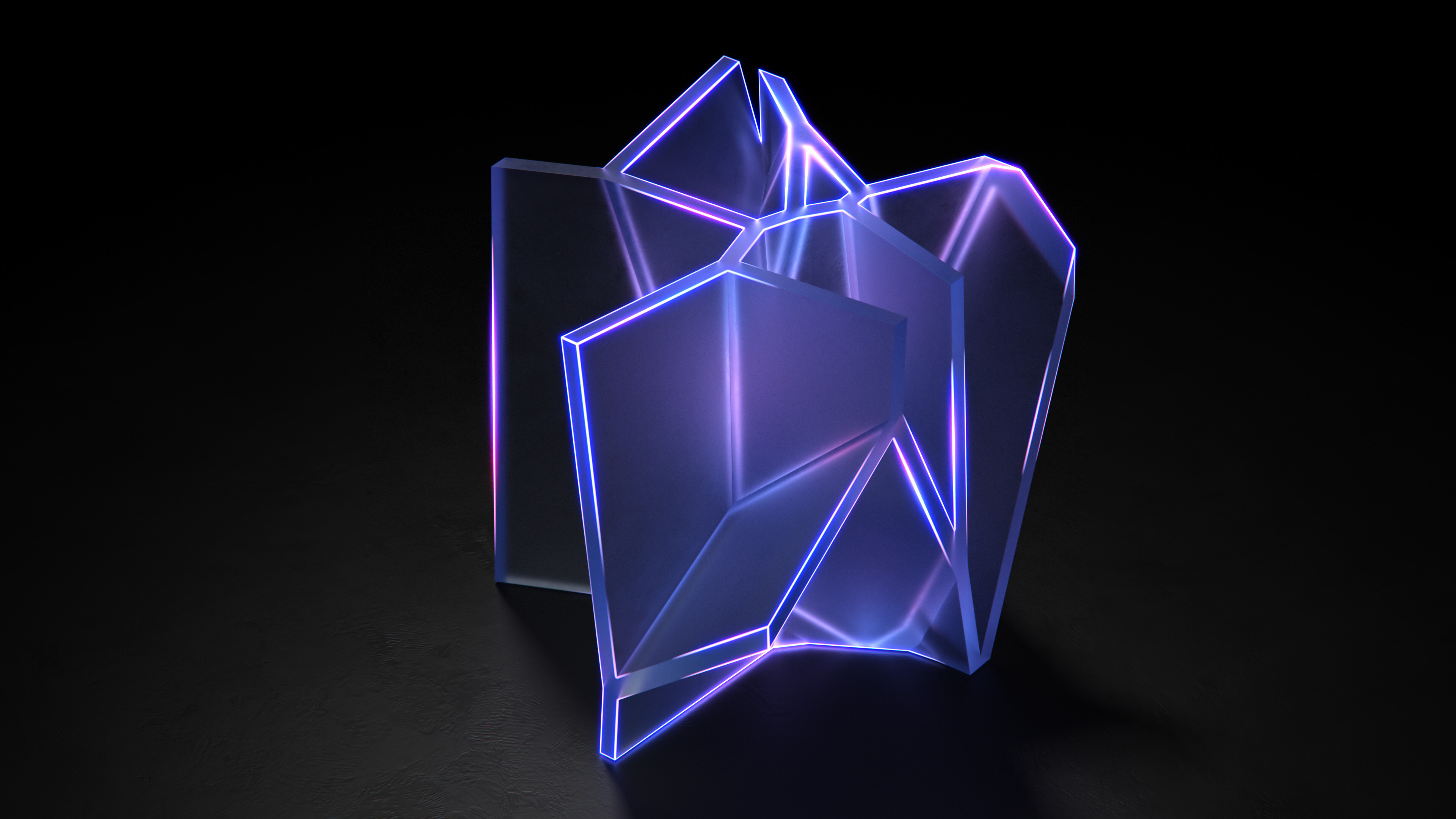 Geometric Abstract: Glowing glass, Three-dimensional shape, Complementary angles. 3840x2160 4K Wallpaper.