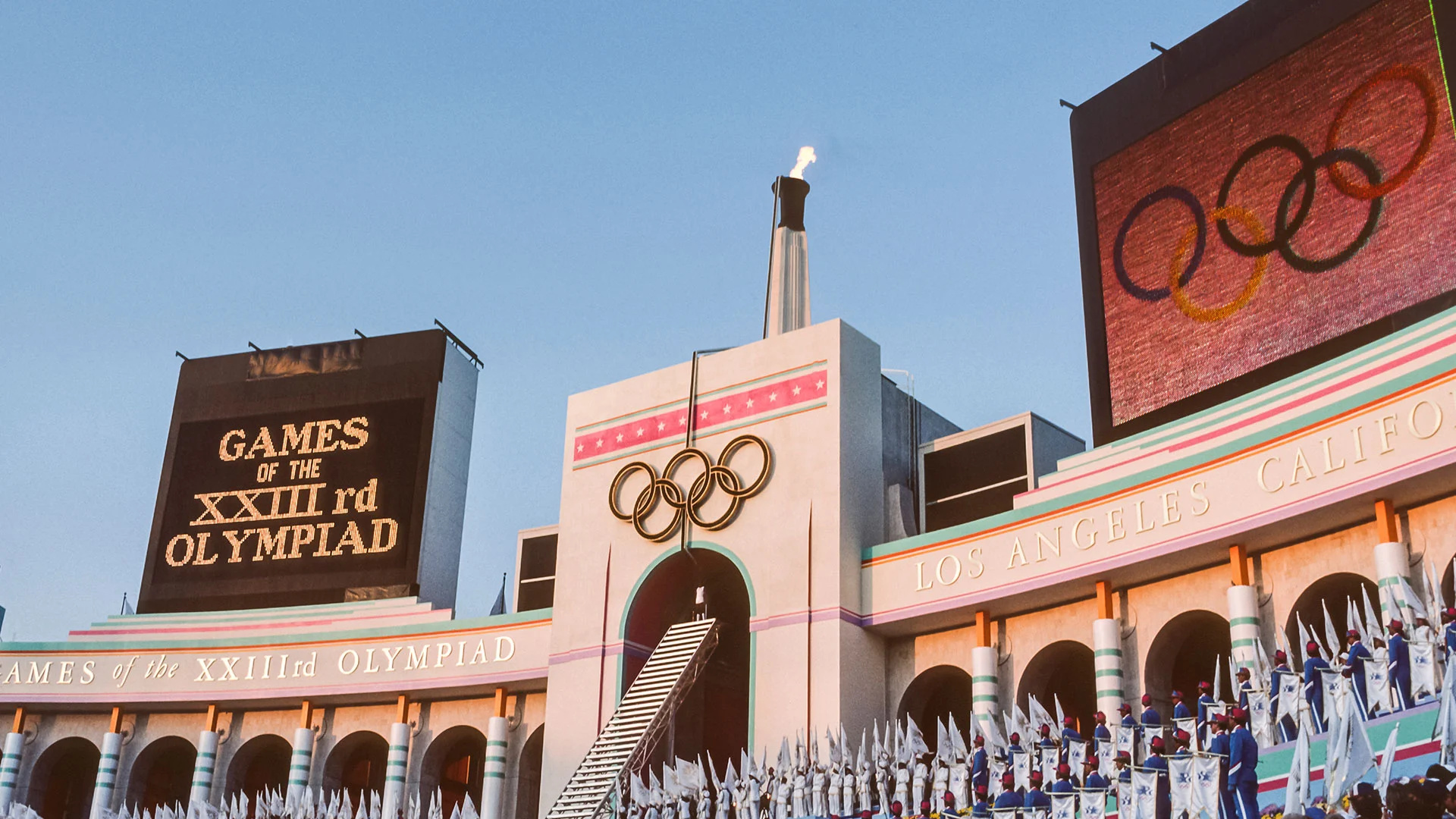 Olympic Flame: Opening ceremony, Los Angeles Coliseum, Summer Olympics, on July 28, 1984, Most Memorable Olympic Cauldron in History. 1920x1080 Full HD Wallpaper.