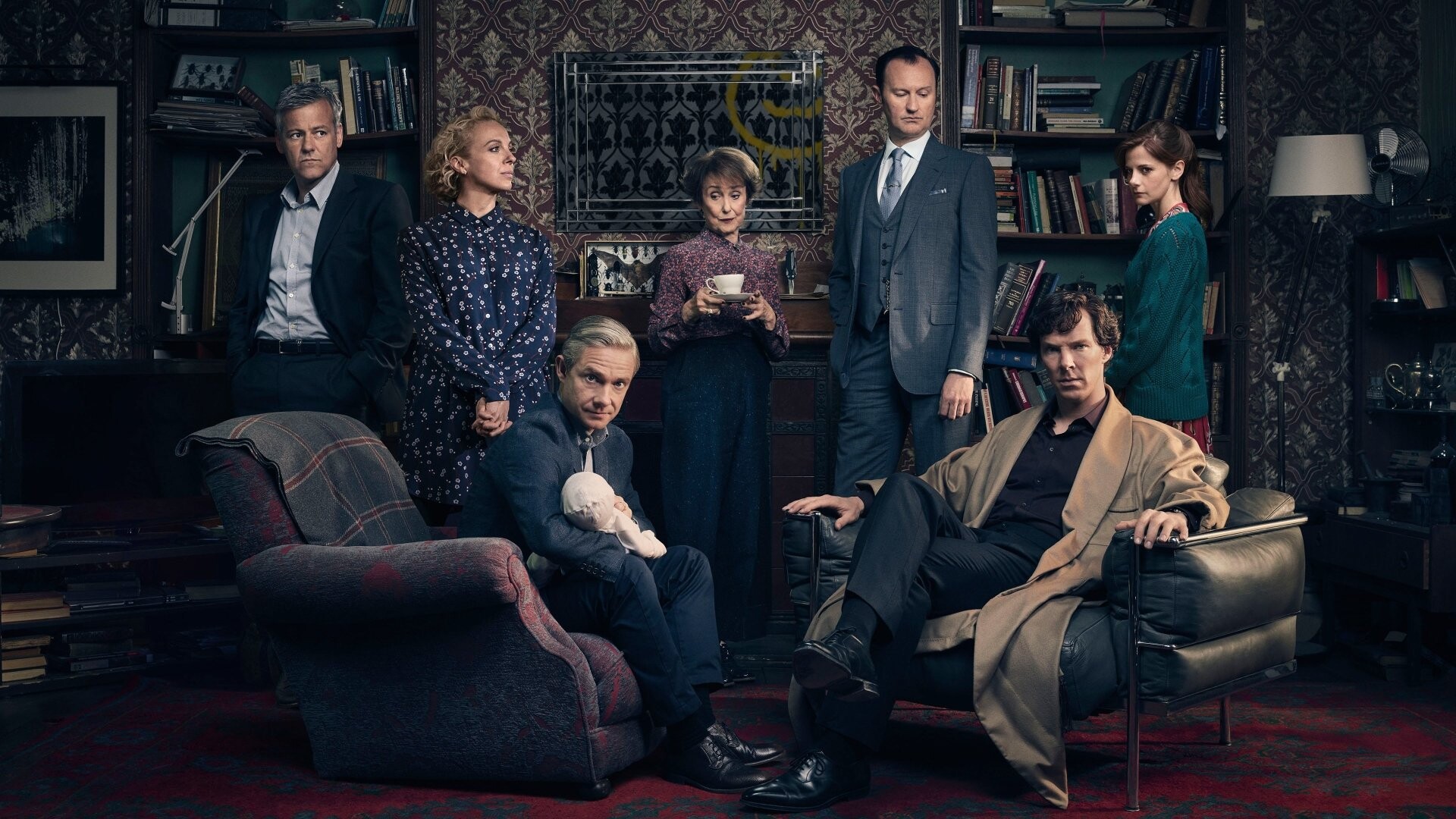 Mark Gatiss: Sherlock Series Characters, Rupert Graves, Una Stubbs, Louise Brealey, Amanda Abbington. 1920x1080 Full HD Wallpaper.