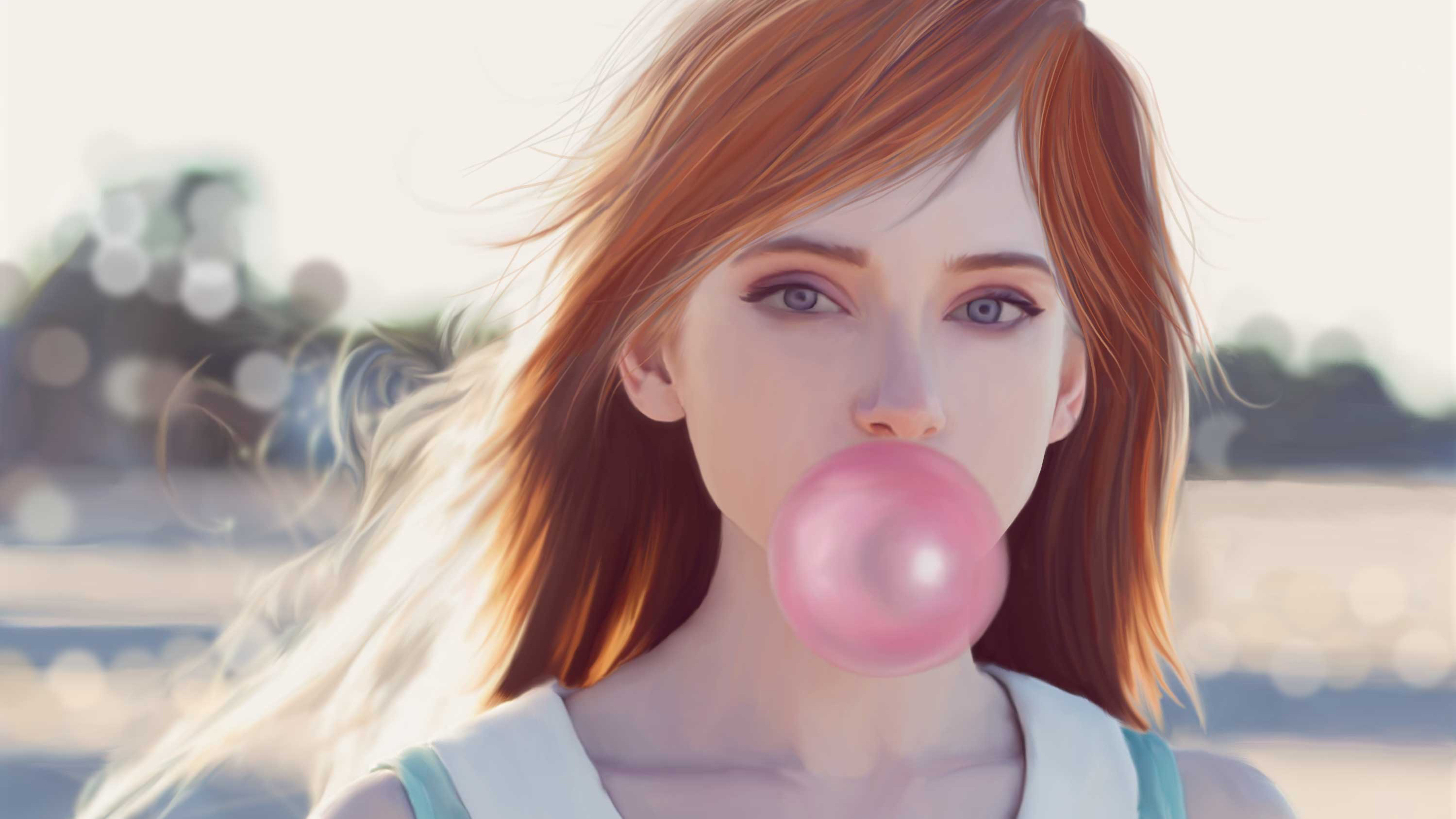 Girl blowing bubble gum, Playful and carefree, Bubble-blowing joy, Photo-worthy moment, 3840x2160 4K Desktop