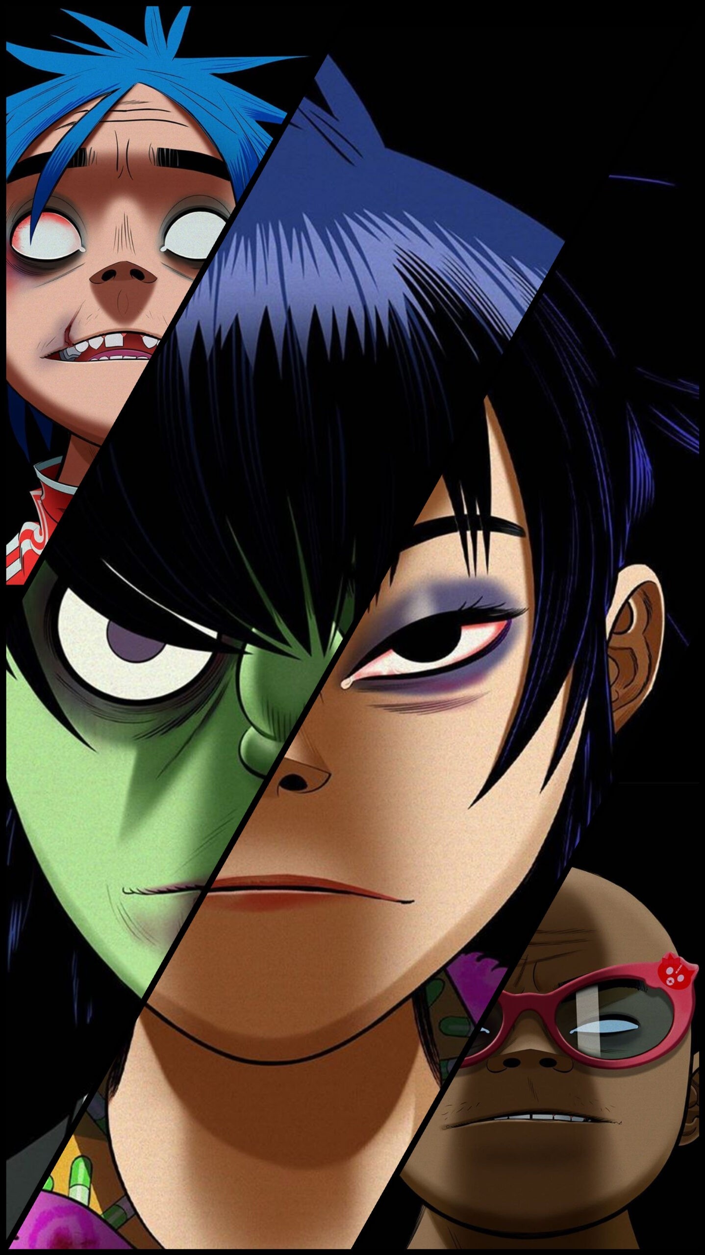 Gorillaz: Animated cartoon characters, 2D, Murdoc, Noodle and Russel, Virtual group. 1440x2560 HD Background.