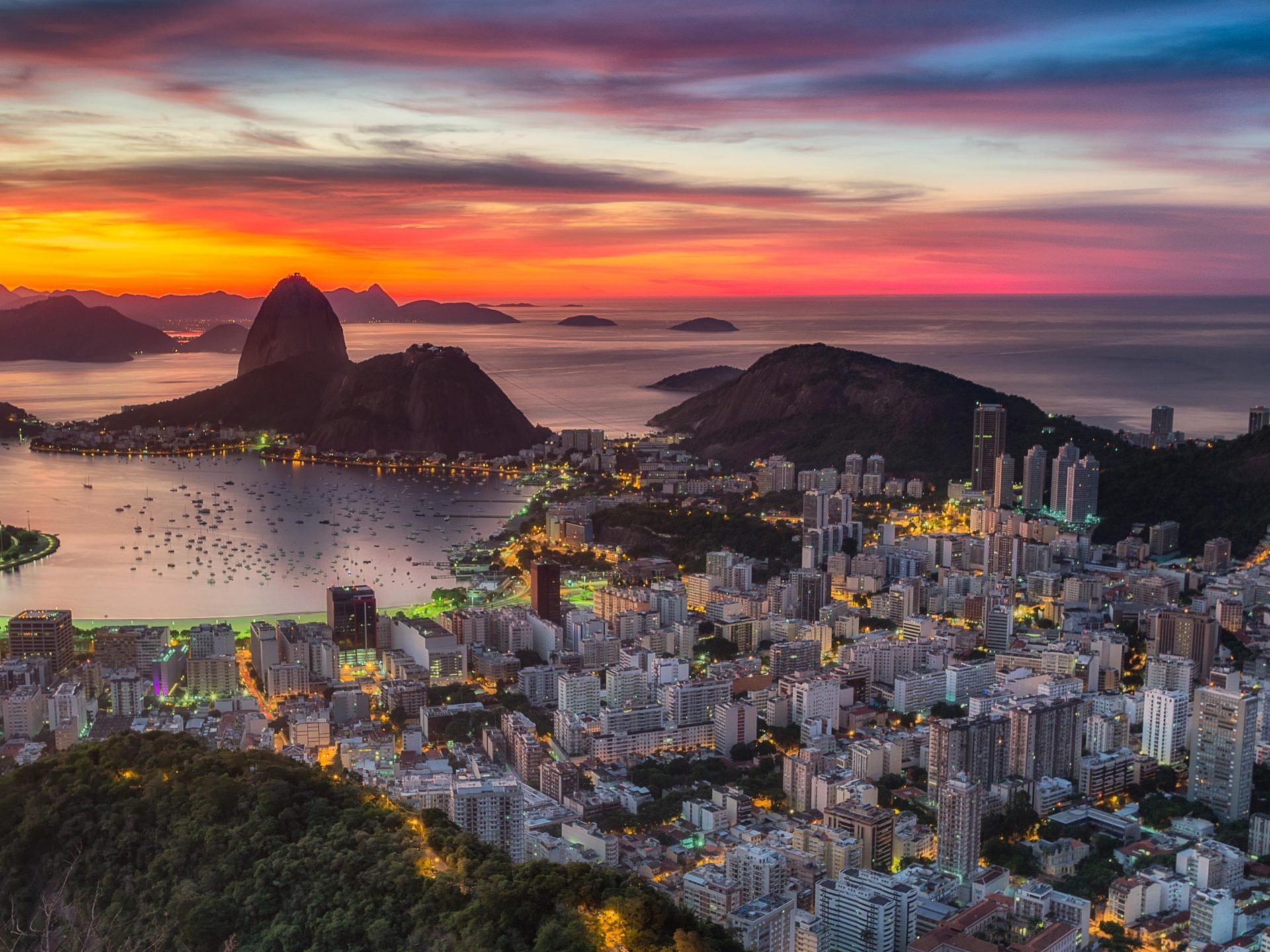Rio de Janeiro, Guanabara Bay, Sunset twilight, Panoramic view, 1920x1440 HD Desktop