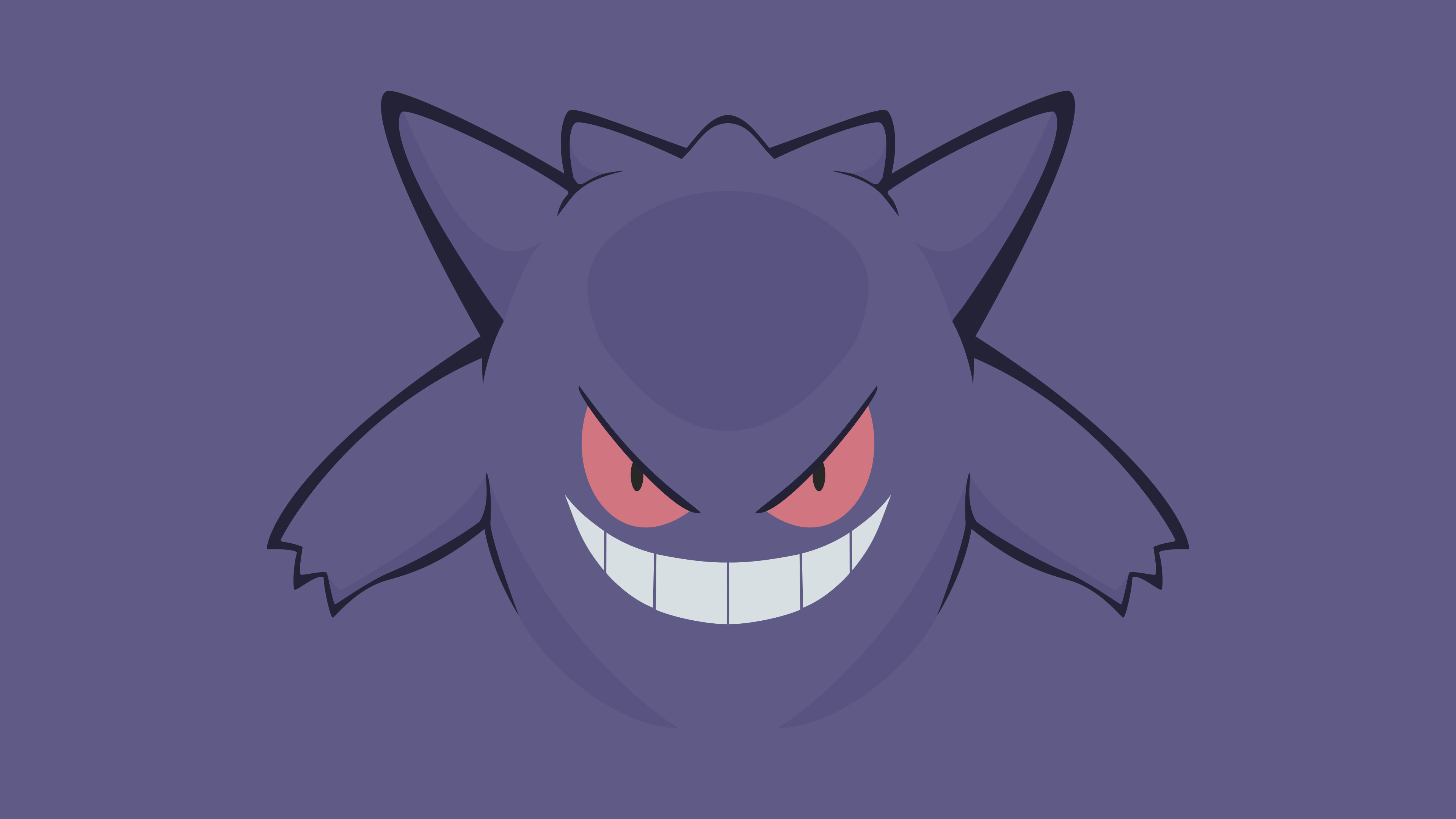 Gengar: A dark purple, A roundish body, Red eyes, A wide mouth usually curled into a sinister grin, and pointed ears. 3840x2160 4K Wallpaper.