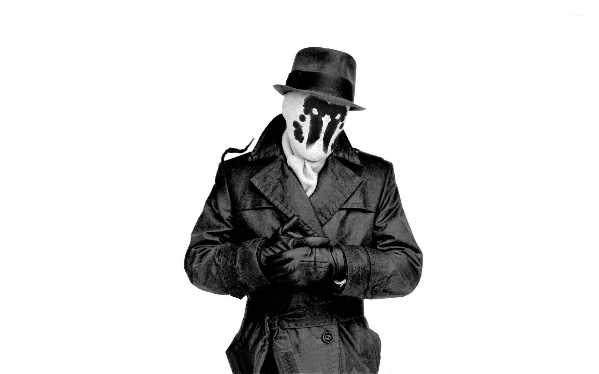 Rorschach (Watchmen): A noir private detective-themed vigilante who wears a white mask with constantly shifting ink blots. 1920x1200 HD Background.