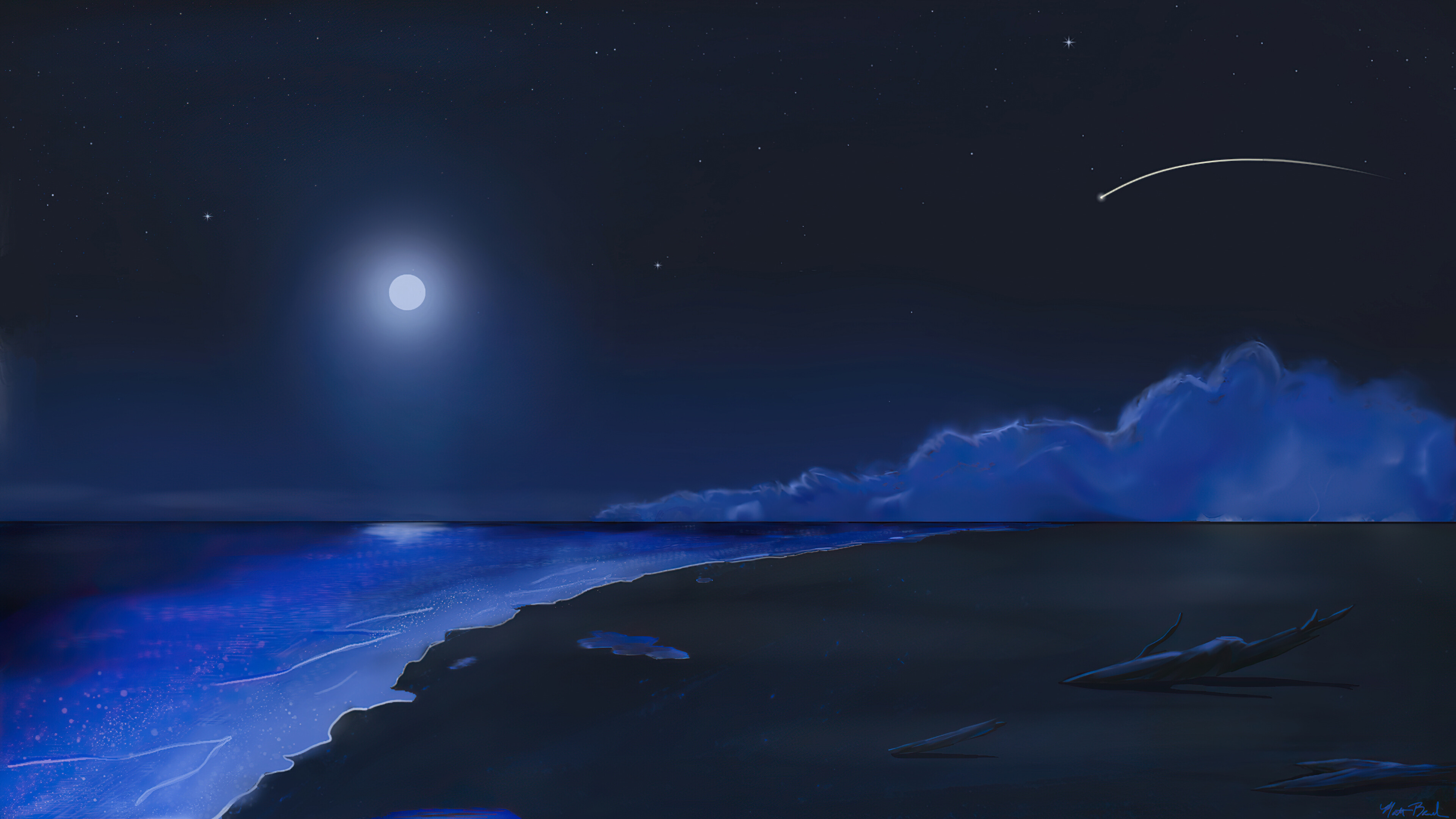 Moonlight: Nighttime, The reflection of the sun off the moon's surface, Beach. 3840x2160 4K Wallpaper.