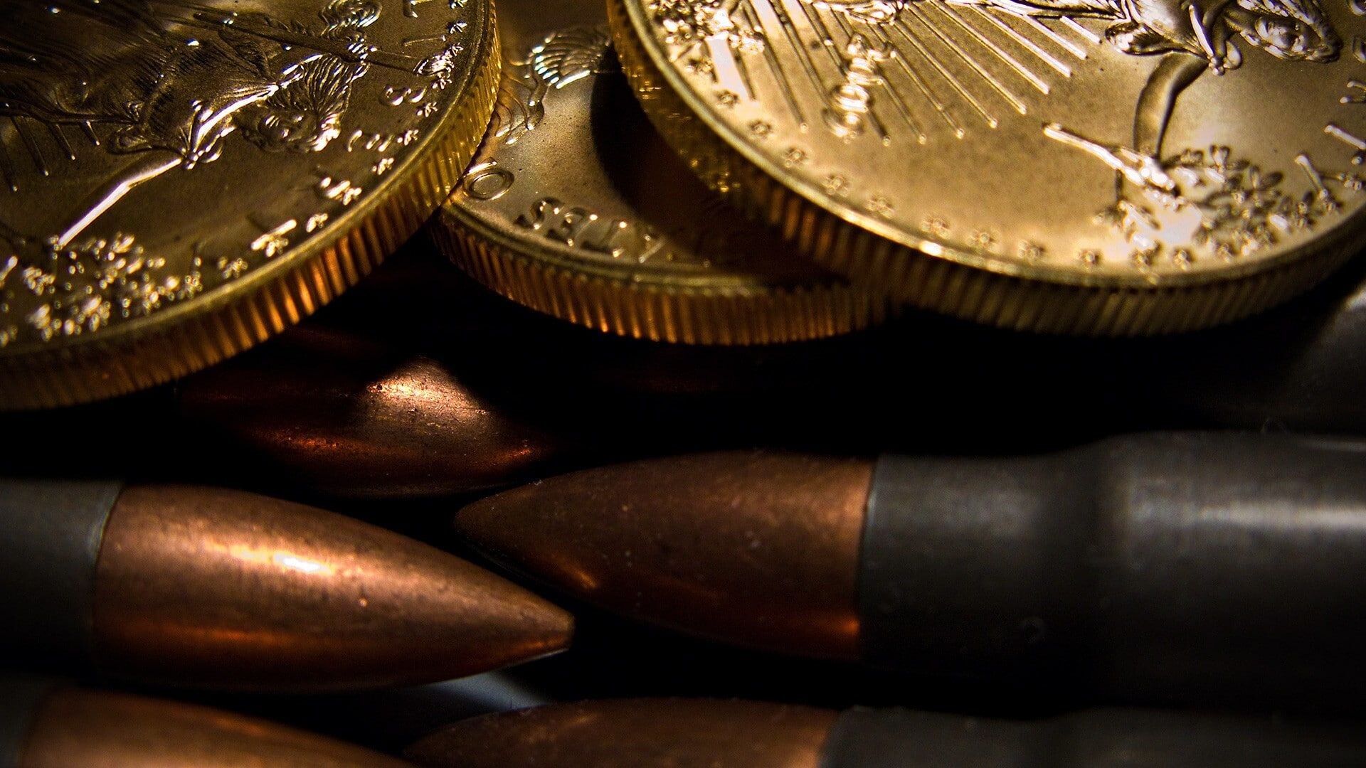 Gold Coins: A bullet and metallic money bearing the mint marks, The coinage of different countries. 1920x1080 Full HD Wallpaper.