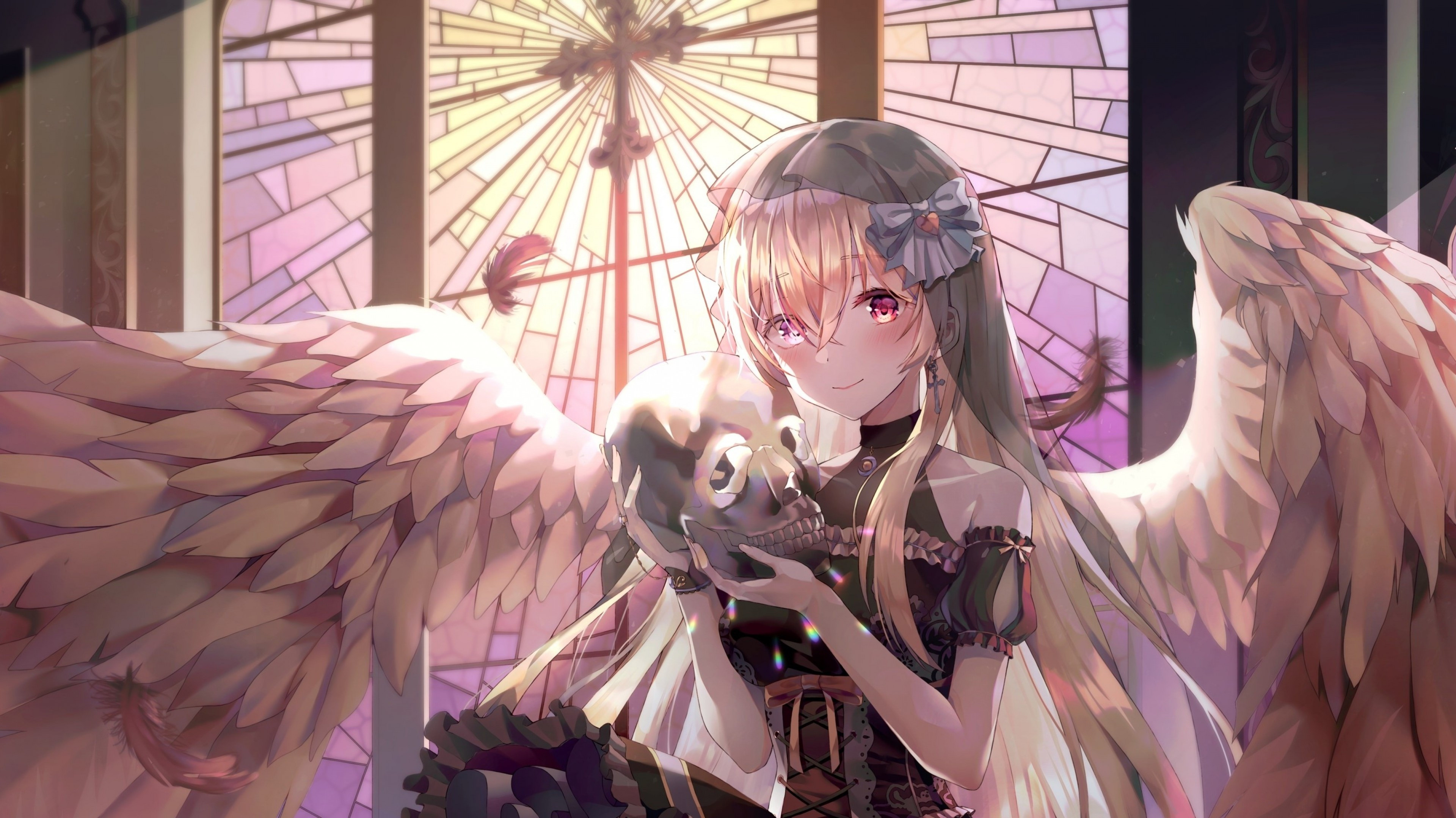 Gothic Anime: Fallen angel, Girl with long wings, Skull, Temple, Celestial creature. 3840x2160 4K Background.