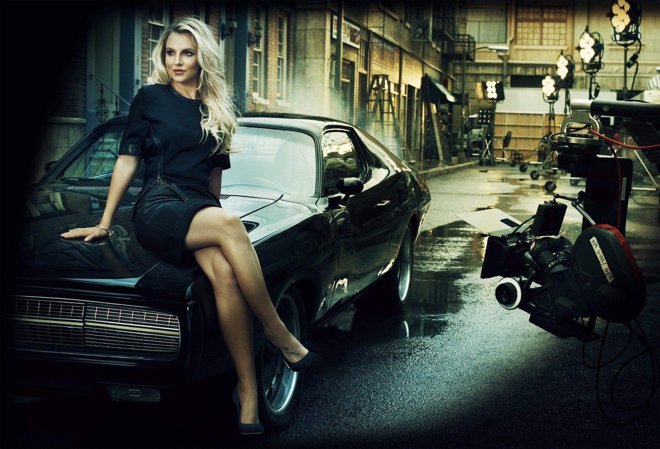 Girls and Muscle Cars: Britney Spears, An American singer, The filmmaking process, Black retro car. 2120x1440 HD Wallpaper.