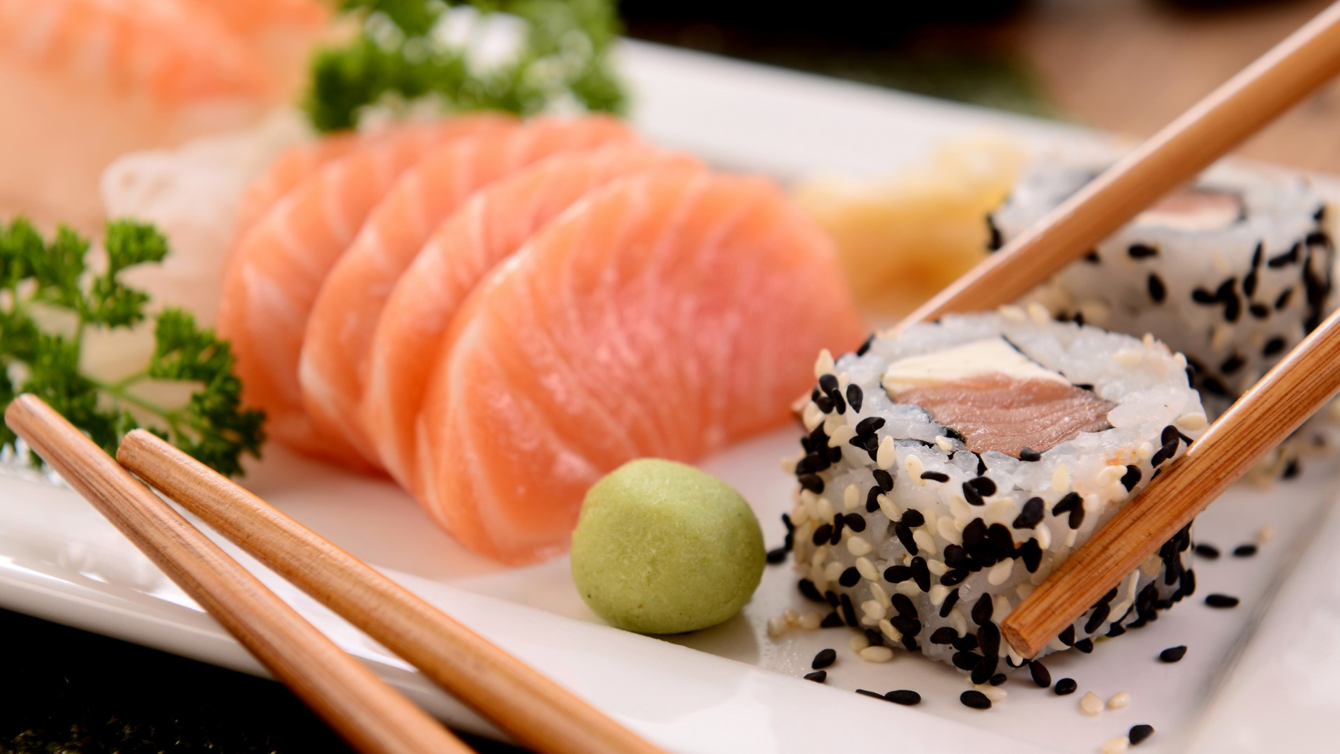 Sushi: Popular Japanese food, Seafood, Chopstick. 1920x1080 Full HD Background.