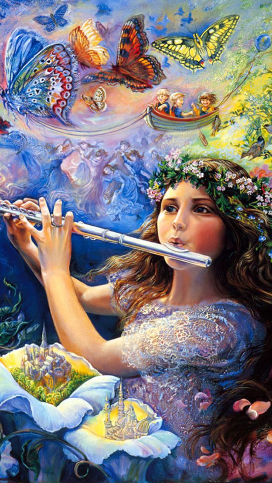 Josephine Wall, Enchanted flute, iPhone 6 Plus wallpaper, Musical harmony, 1080x1920 Full HD Handy