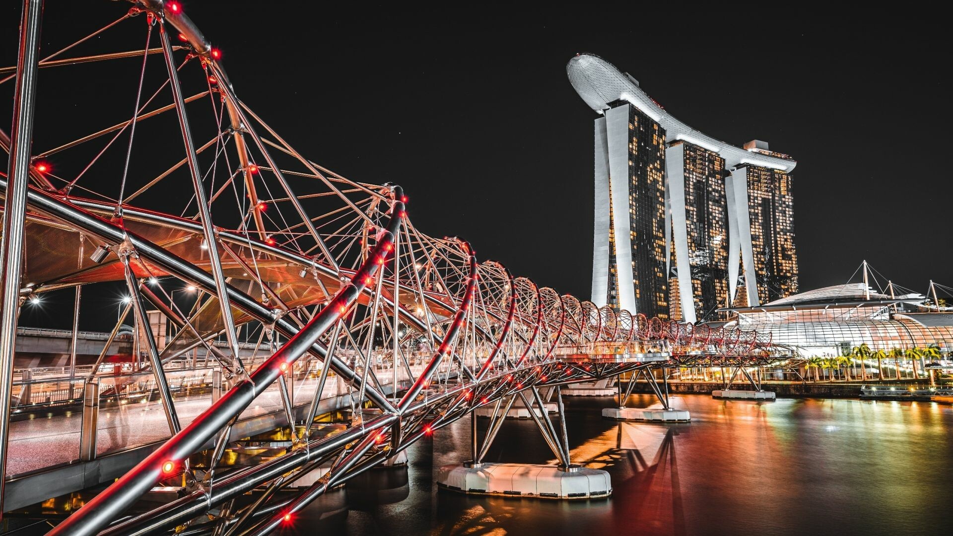 Singapore: Helix Bridge, A pedestrian bridge linking Marina Center with Marina South in the Marina Bay area. 1920x1080 Full HD Wallpaper.