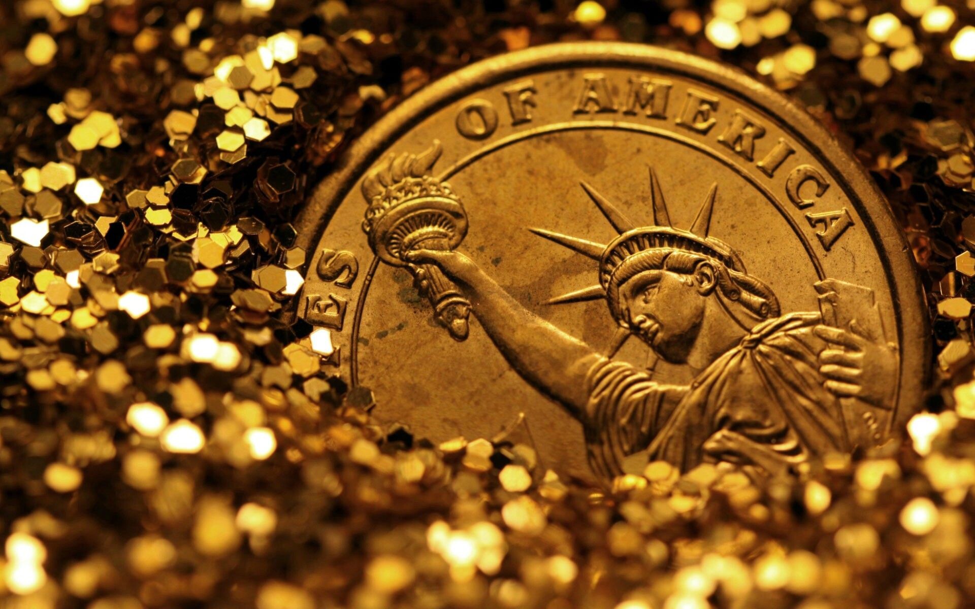 Gold Coins: American money, Presidential one dollar coin with The Statue of Liberty on reverse. 1920x1200 HD Wallpaper.