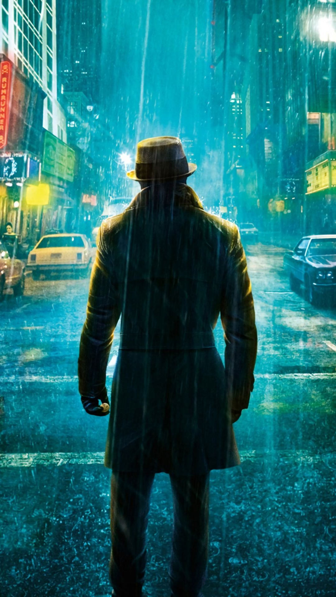 Rorschach character, Rainy street scene, Watchmen fan art, Superhero vigilante, 1080x1920 Full HD Phone