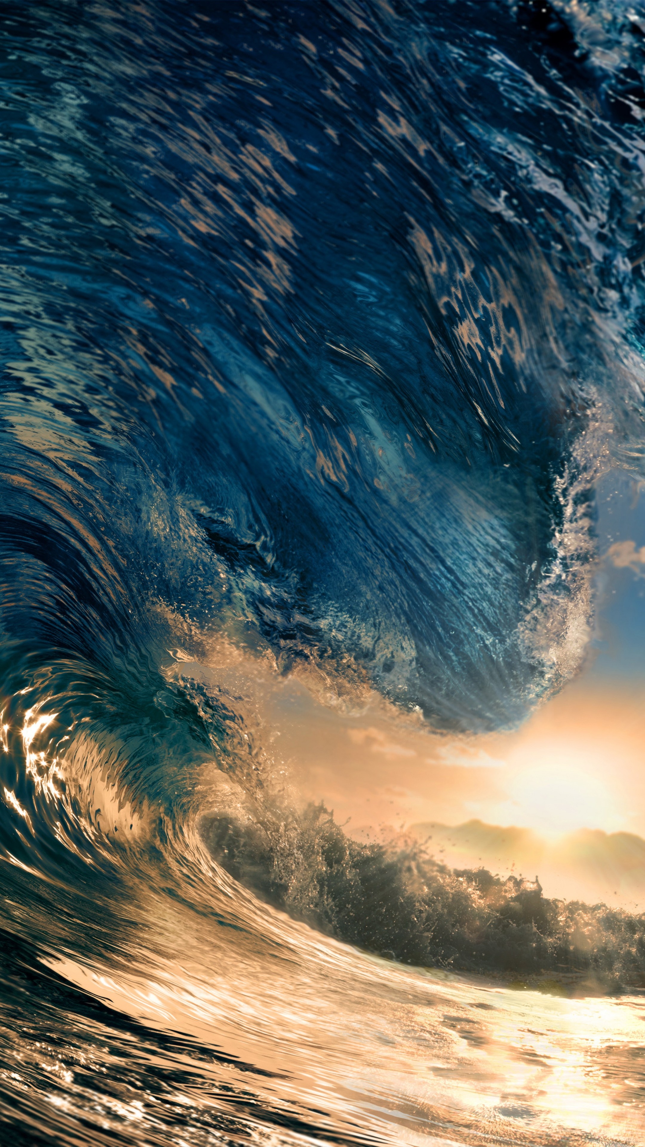 Seascape wallpaper, Beautiful ocean wave, Serene sunset, Blue sky, 2160x3840 4K Phone