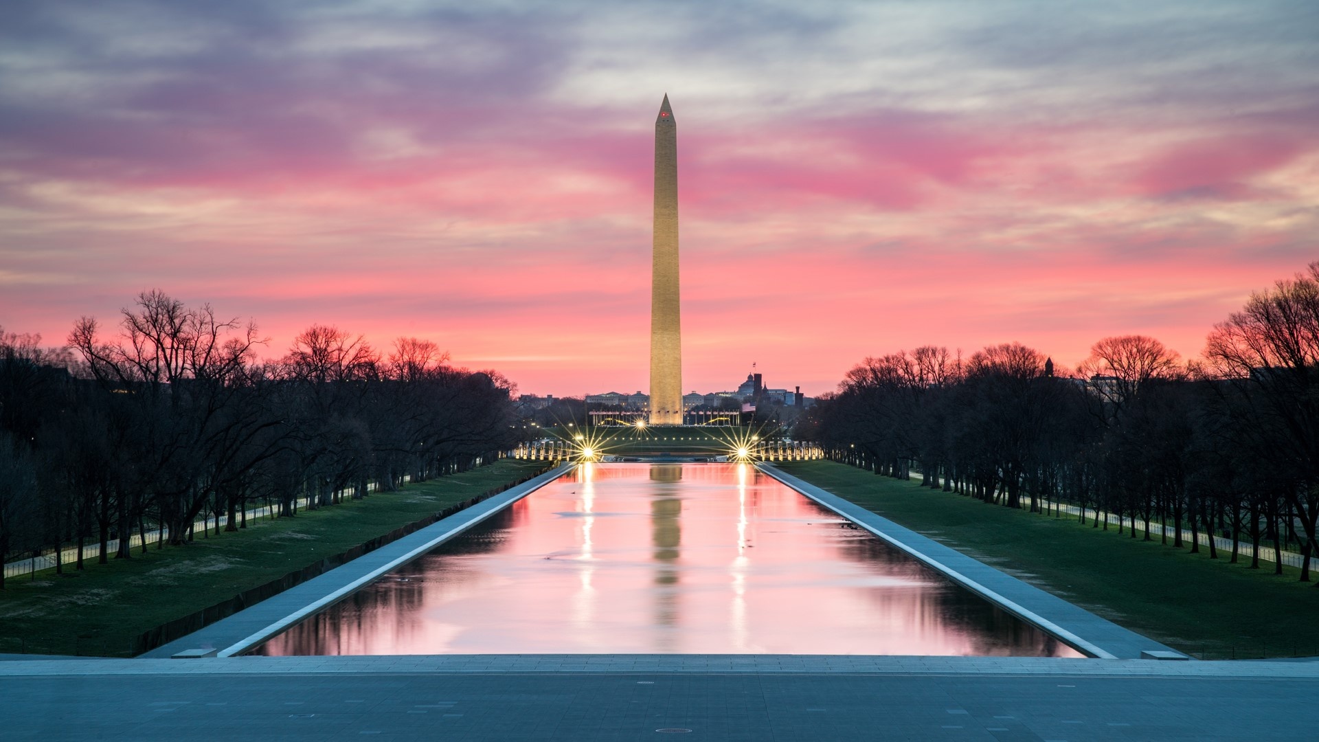 Lincoln Memorial, Sunrise beauty, Reflective steps, Majestic glow, 1920x1080 Full HD Desktop