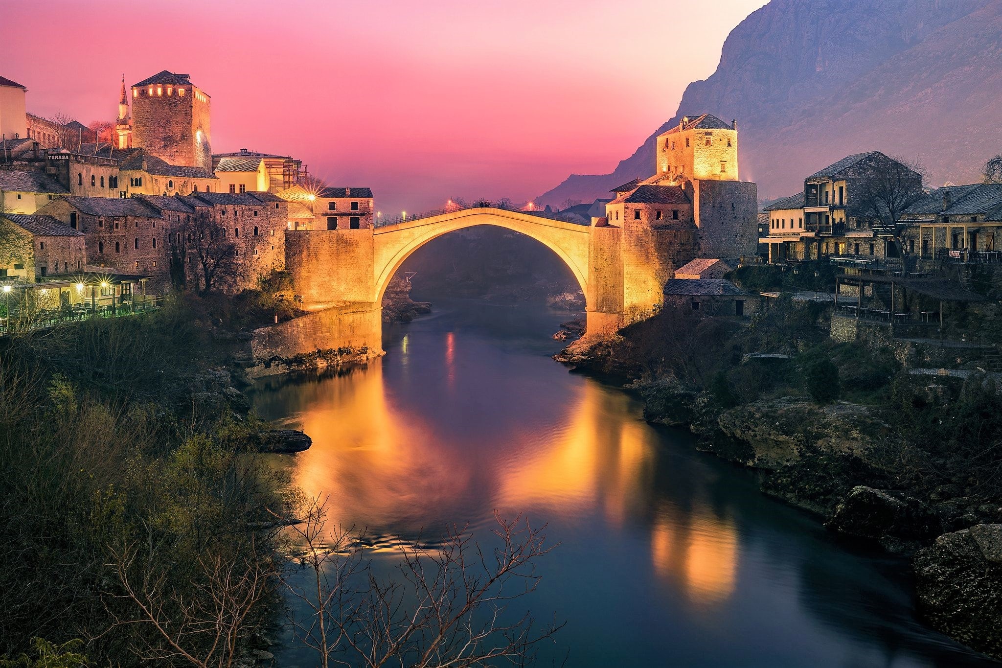 Sunset river, Bridge, Mostar, Bosnia and Herzegovina, 2050x1370 HD Desktop