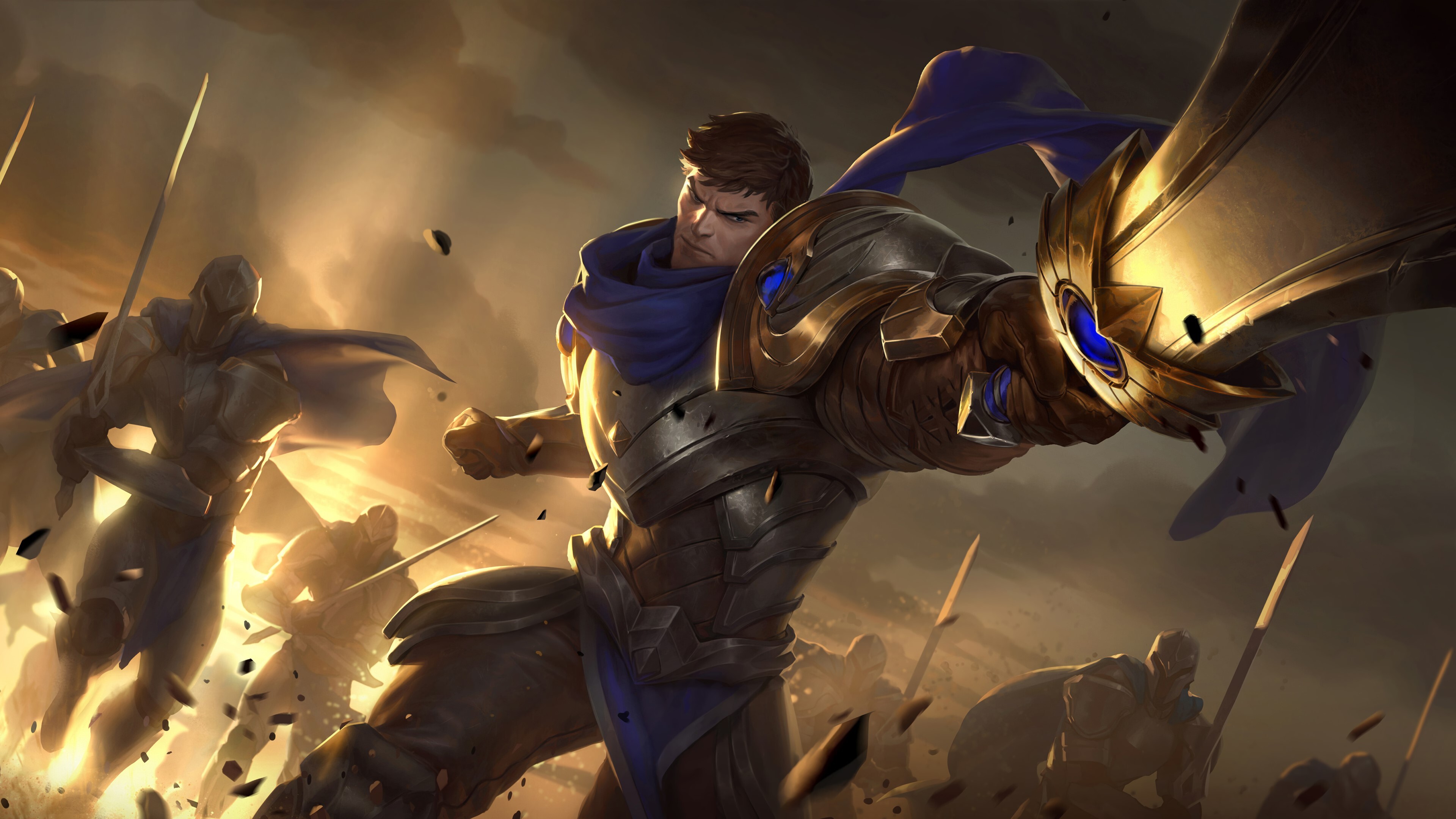 Garen: League of Legends champion, Playable character armed with the Silver Broadsword "Judgment". 3840x2160 4K Background.