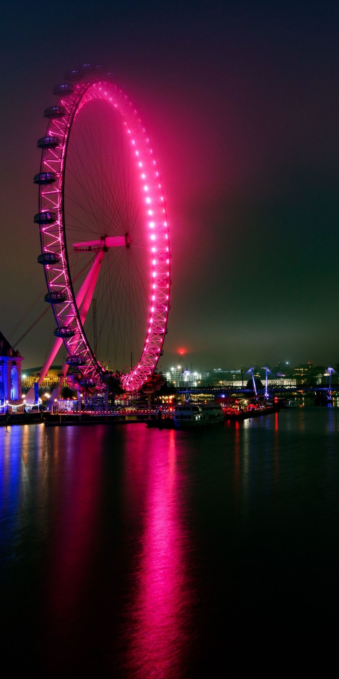 Amusement park, London cityscape, Waterfront ferris wheel, Night landscape, 1080x2160 HD Phone