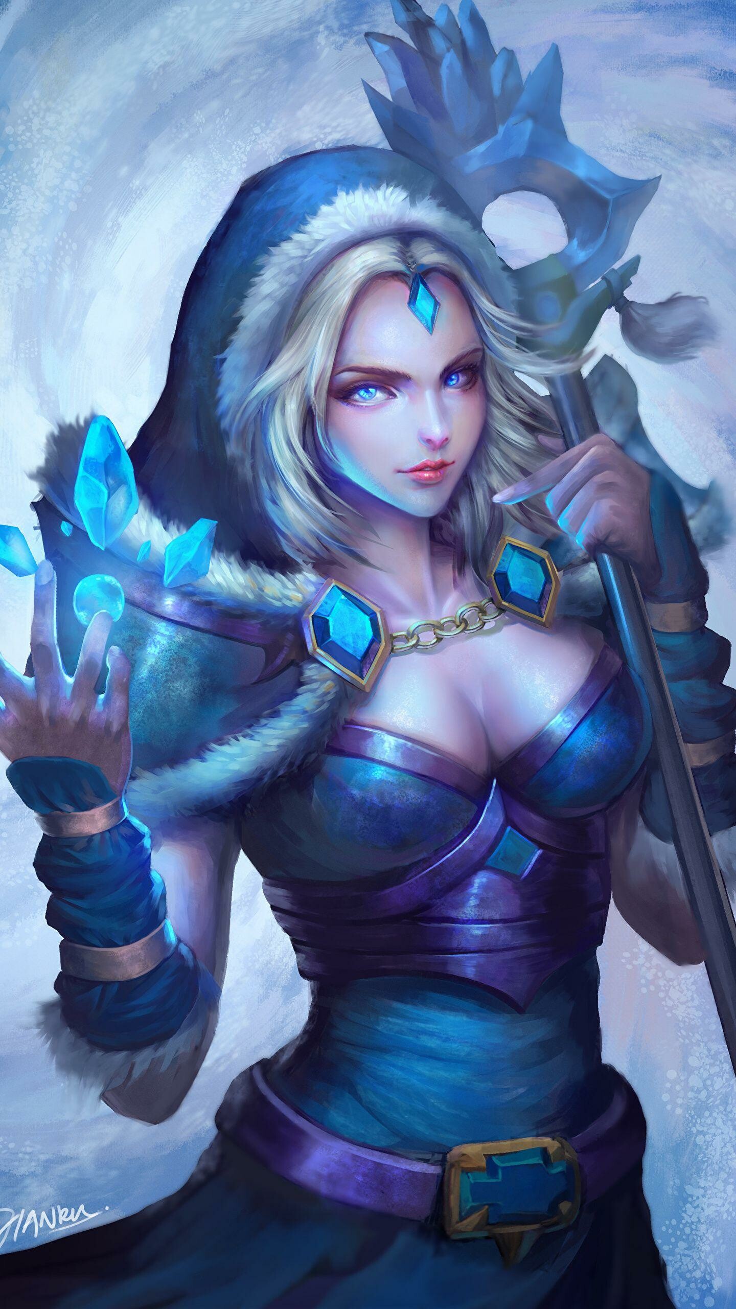 Dota 2: Crystal Maiden, Unleashes a high damage blizzard upon her foes. 1440x2560 HD Background.