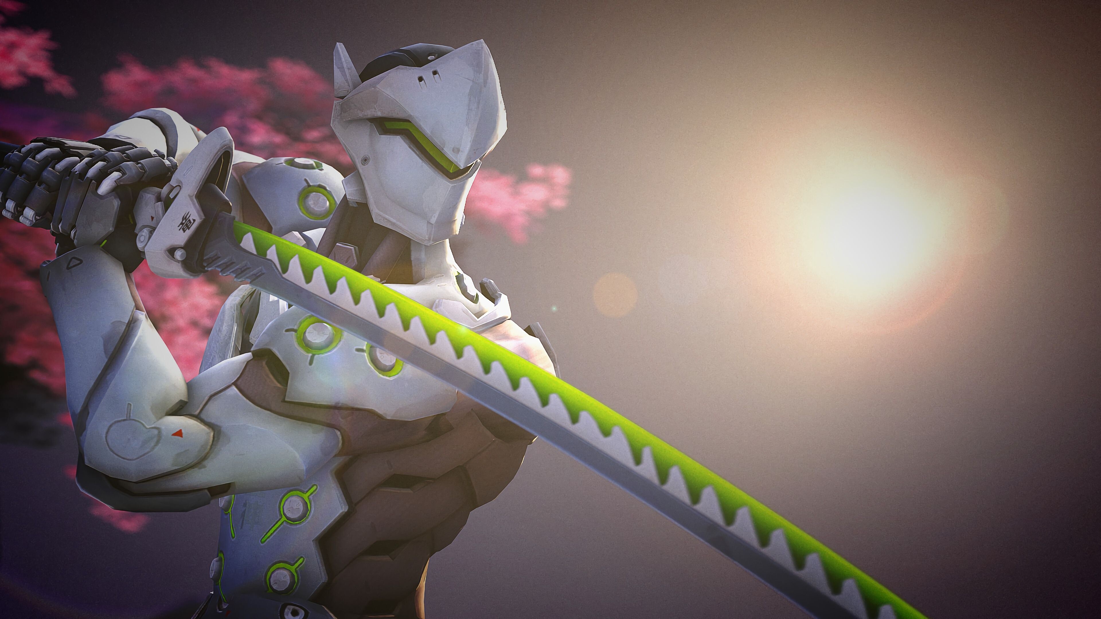 Genji: With secondary fire quickly throws three shurikens in a cone in front of him. 3840x2160 4K Wallpaper.