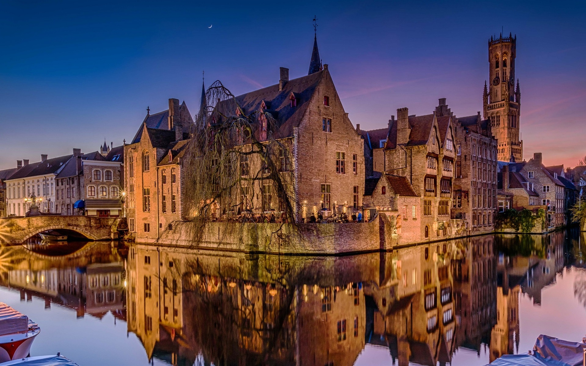 Bruges Belgium night, River houses, Lights, 1920x1200 HD Desktop