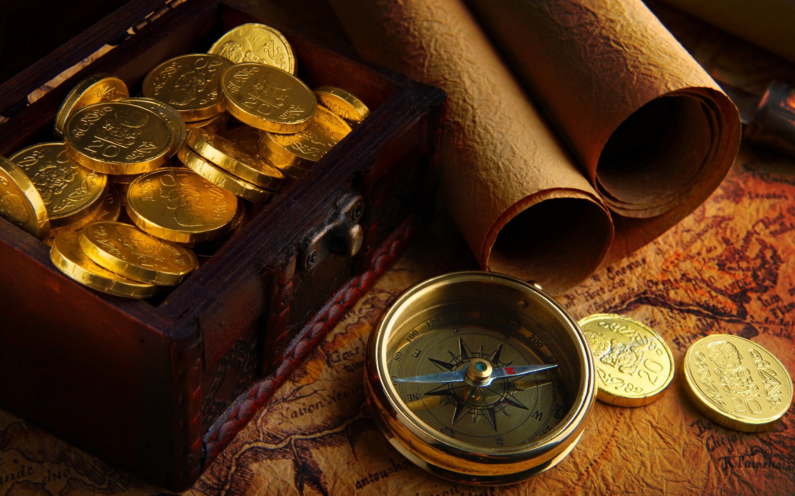 Gold Coins: Collectible coins in a wooden box, Mariner's compass, Navigational instrument. 2560x1600 HD Wallpaper.