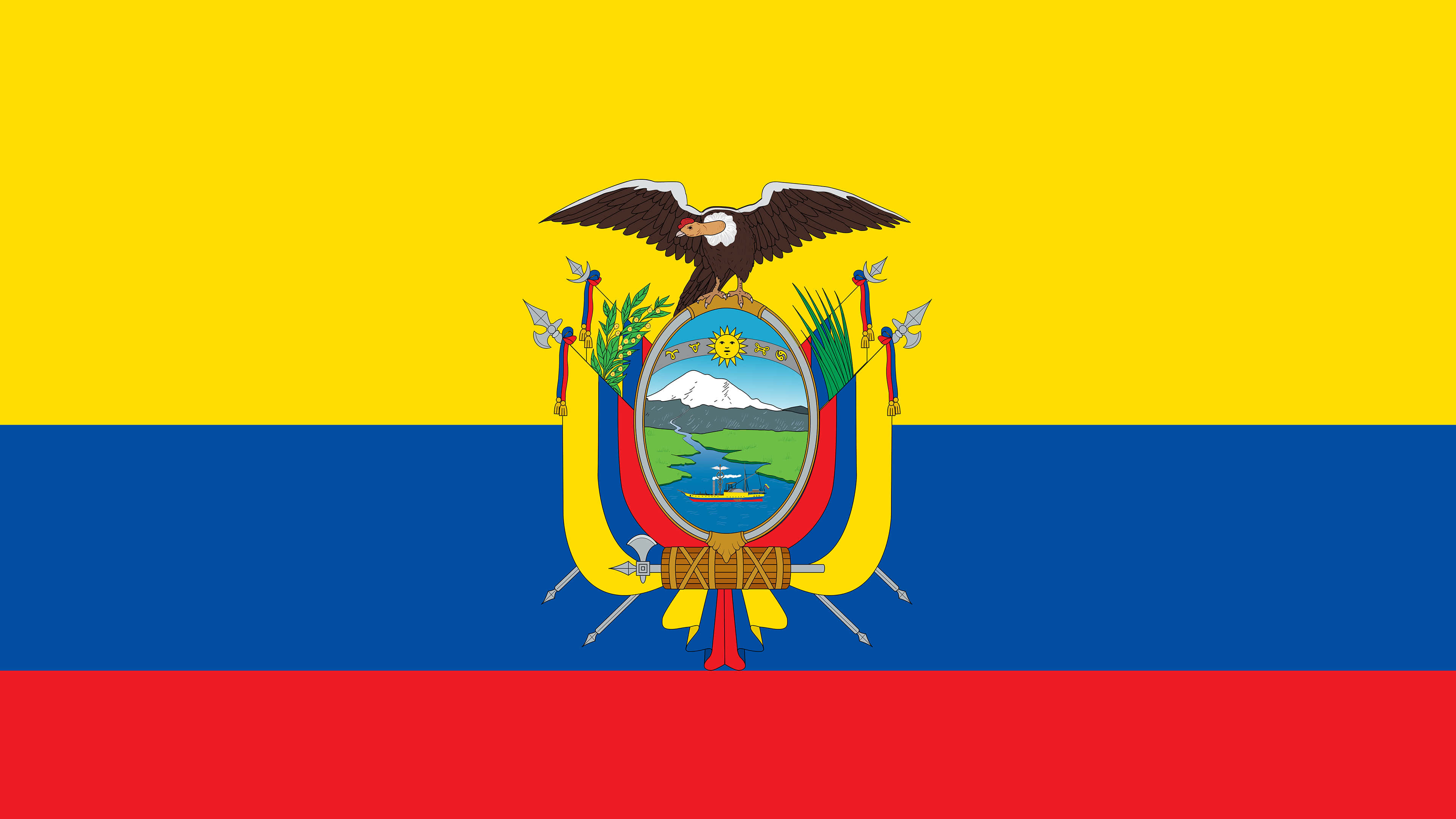 Ecuador: Flag, A country in northwestern South America, bordered by Colombia on the north, Peru on the east and south, and the Pacific Ocean on the west. 3840x2160 4K Wallpaper.