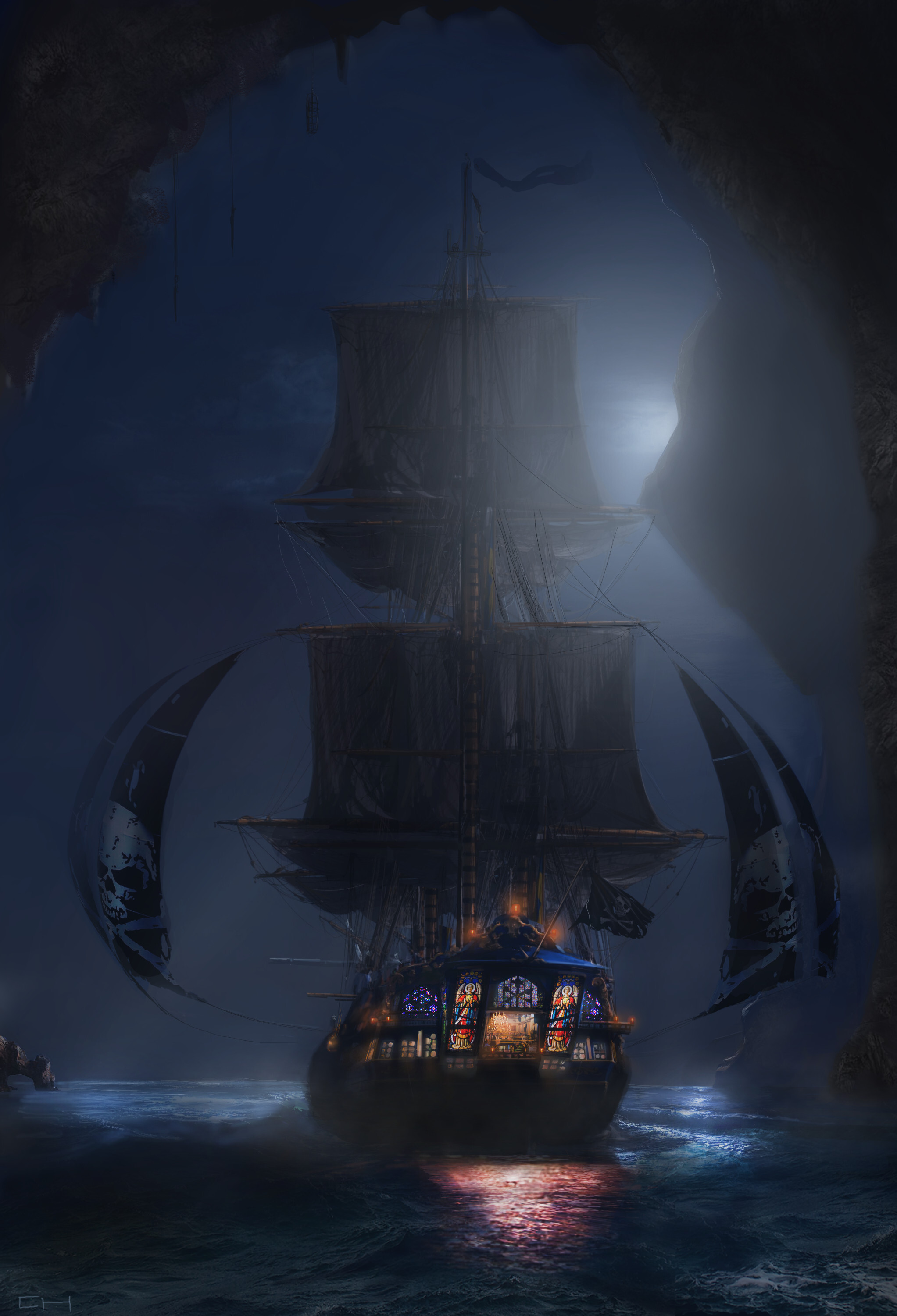 Ghost Ship: The large pirate ship, Shipwreck Cove during the moonlight, Tortuga. 2050x3010 HD Wallpaper.