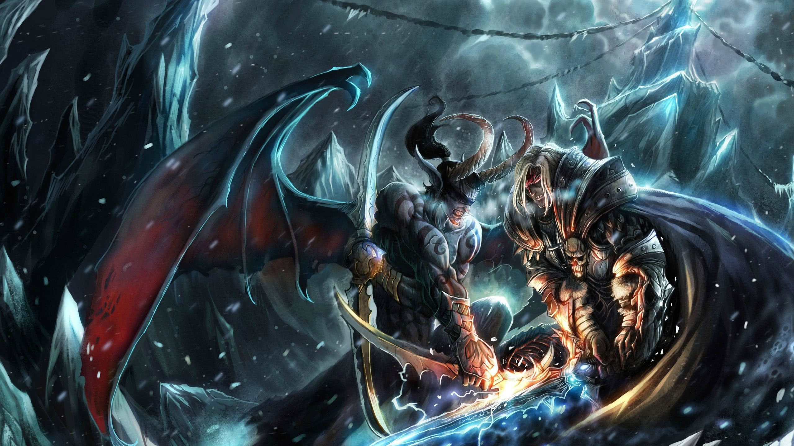 Warcraft showdown, Arthas vs Illidan, Northrend battle, WQHD wallpaper, 2560x1440 HD Desktop
