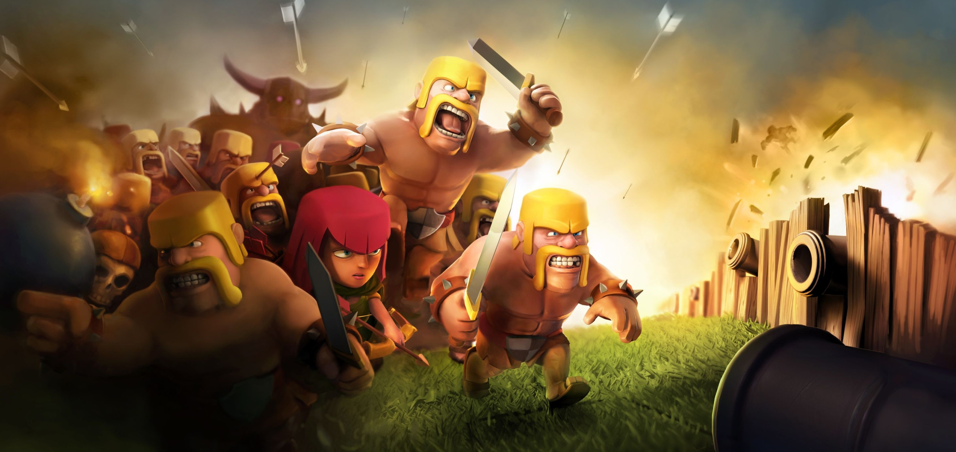 Clash of Clans: Players build their own village using the resources gained from attacking other player's villages with troops. 3250x1540 Dual Screen Background.