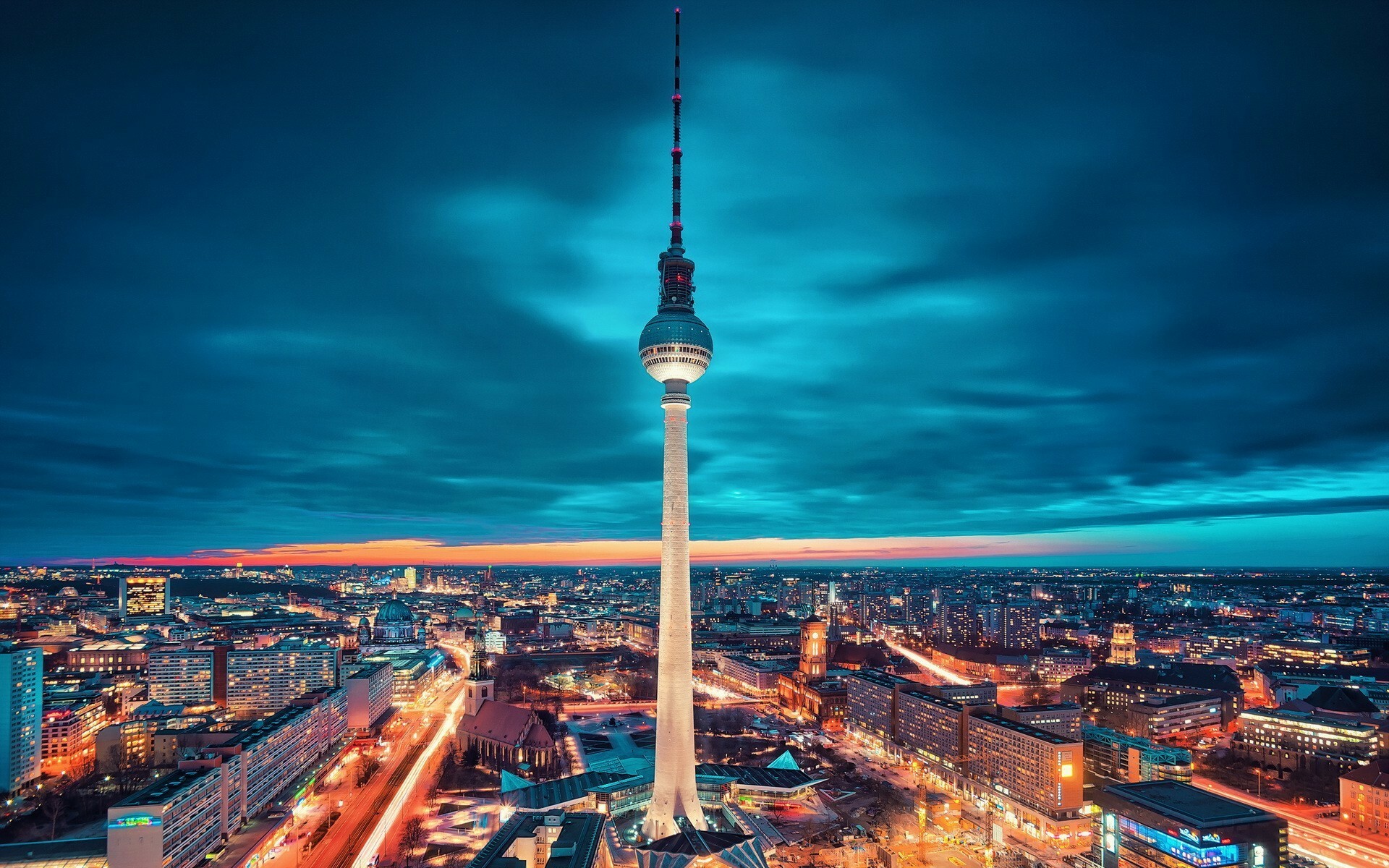 Cityscape lights tower, Berlin, Clouds night, German architecture, 1920x1200 HD Desktop