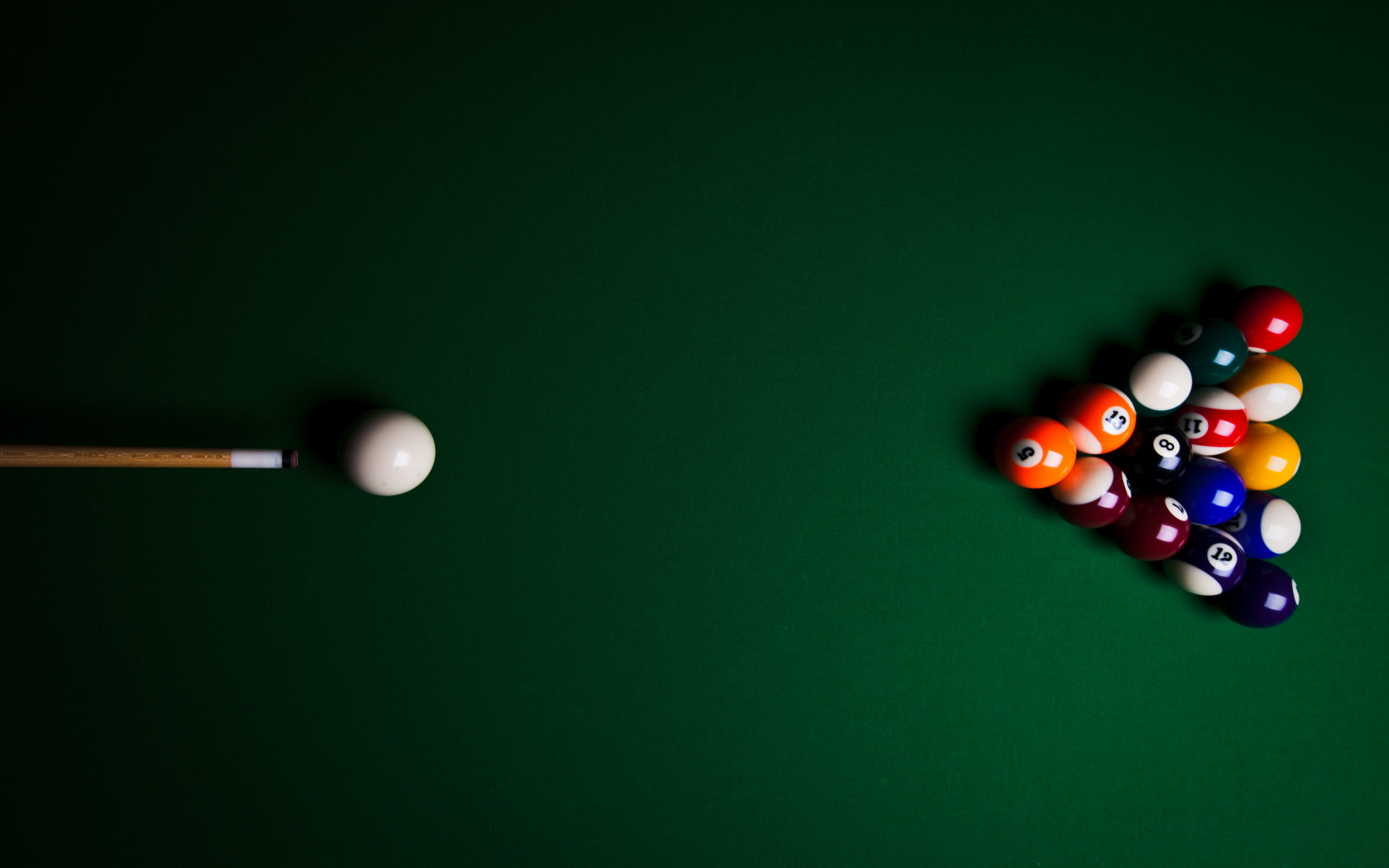Billiards: Preparation for a break shot - the starting point of an eight-ball game, Cue. 2560x1600 HD Wallpaper.