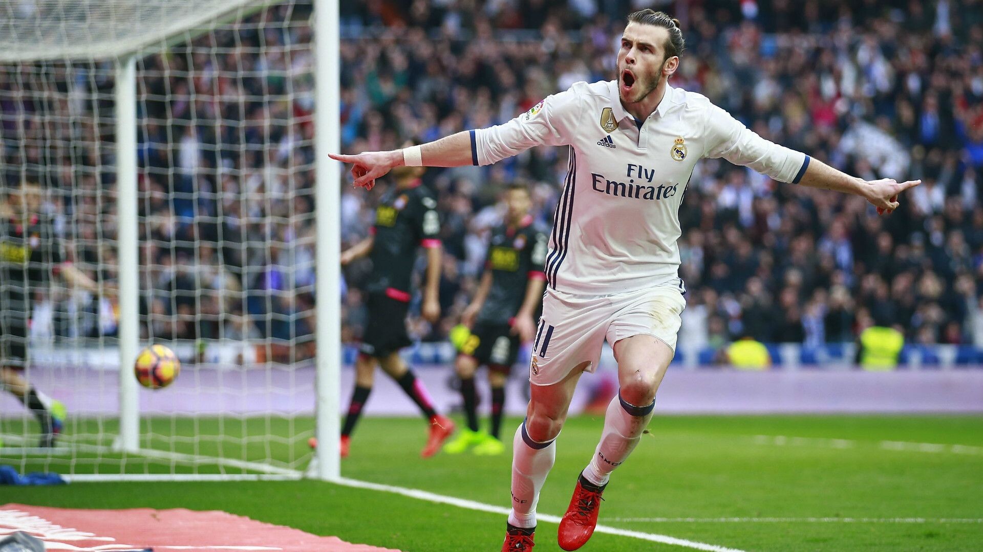 Gareth Bale: Celebration after scoring a goal, A free kick specialist and an offensive left-winger, UEFA CL. 1920x1080 Full HD Background.