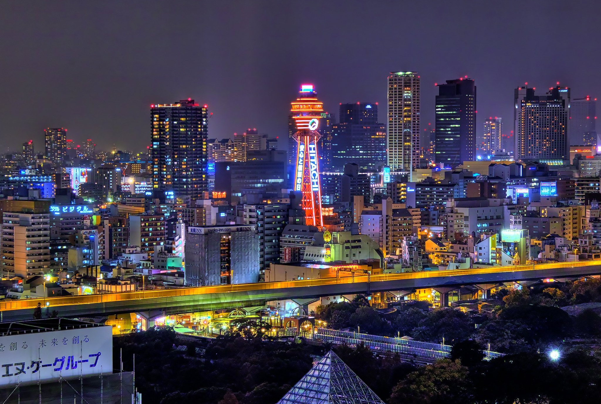 Japanese architecture, Asian cityscapes, Osaka skyline, Night lights, 2050x1380 HD Desktop