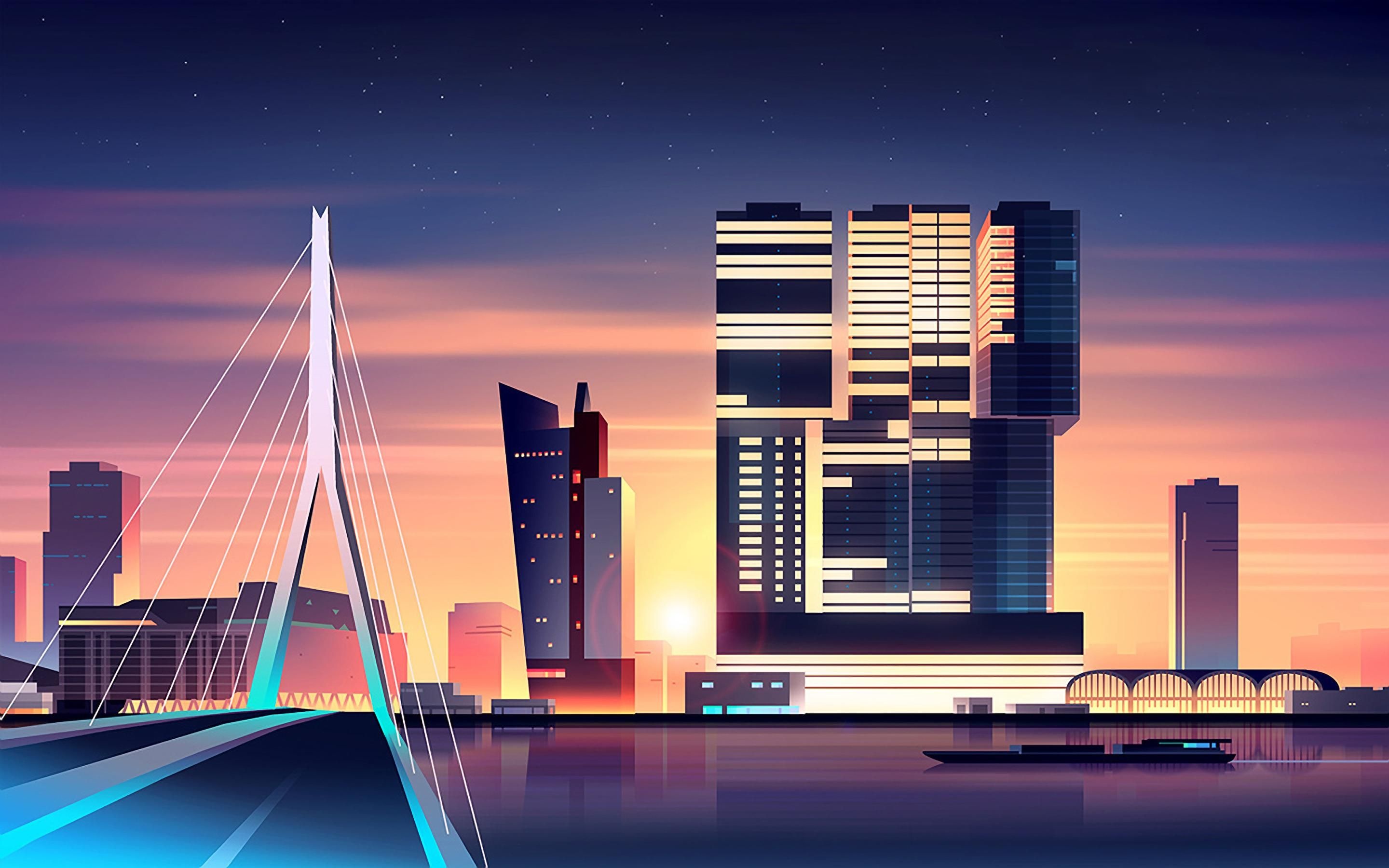Rotterdam Skyline, Synthwave Cities, Wallpaper, 2880x1800 HD Desktop