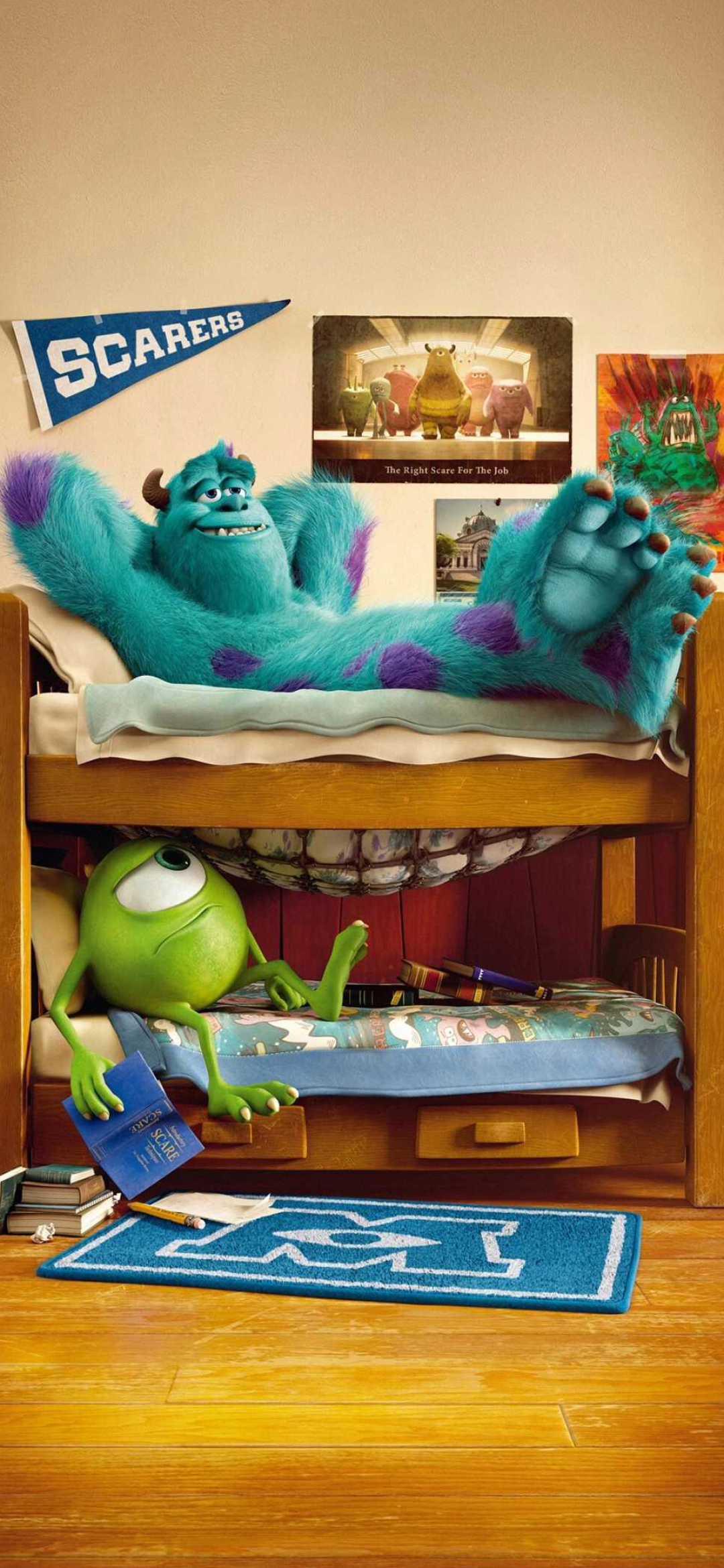 Monsters, Inc.: Two best friends, Sulley (John Goodman) and Mike Wazowski (Billy Crystal). 1080x2340 HD Background.