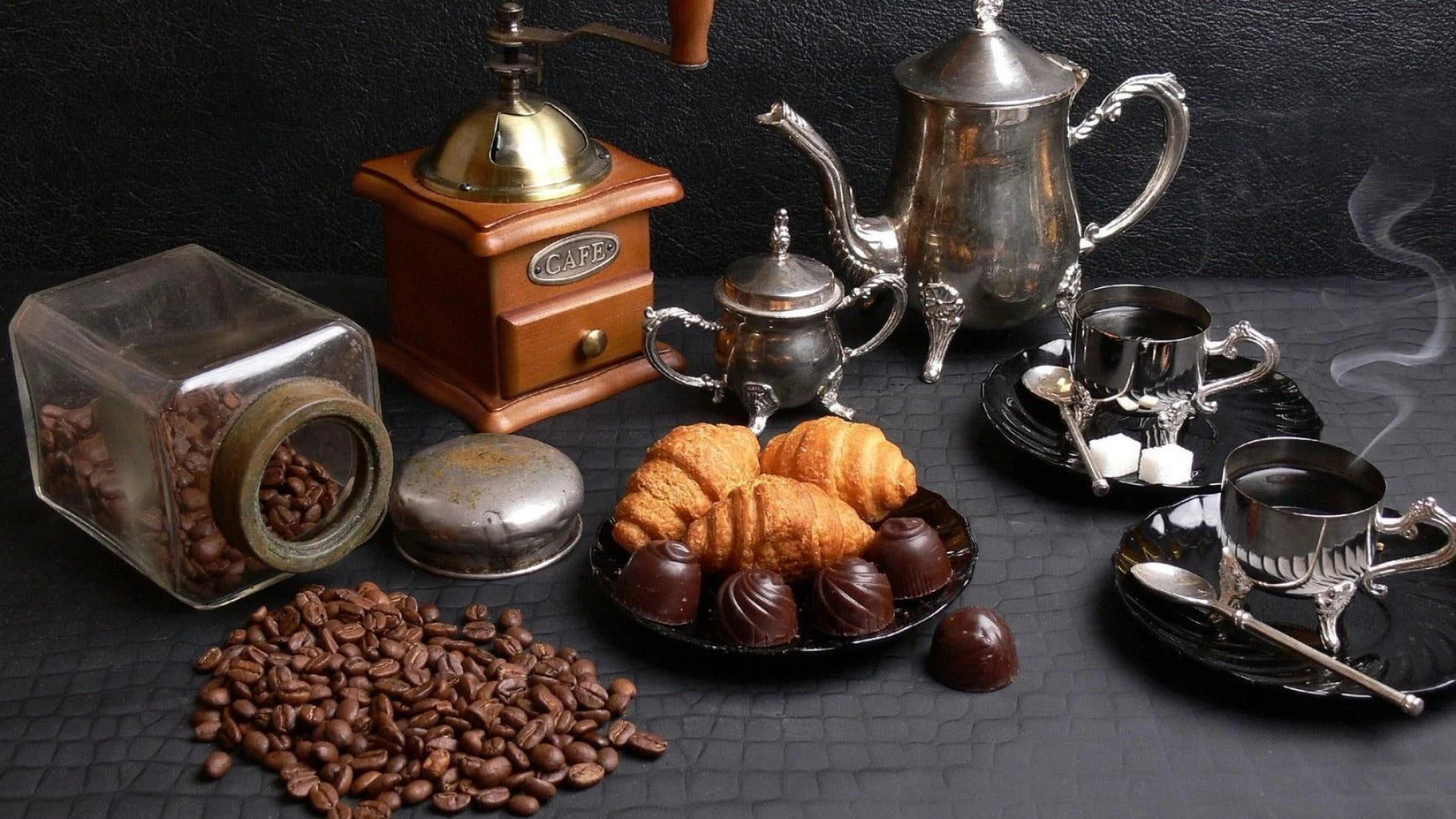 Coffee Beans, Stainless steel tea set, Coffee grinder, Food, 1920x1080 Full HD Desktop