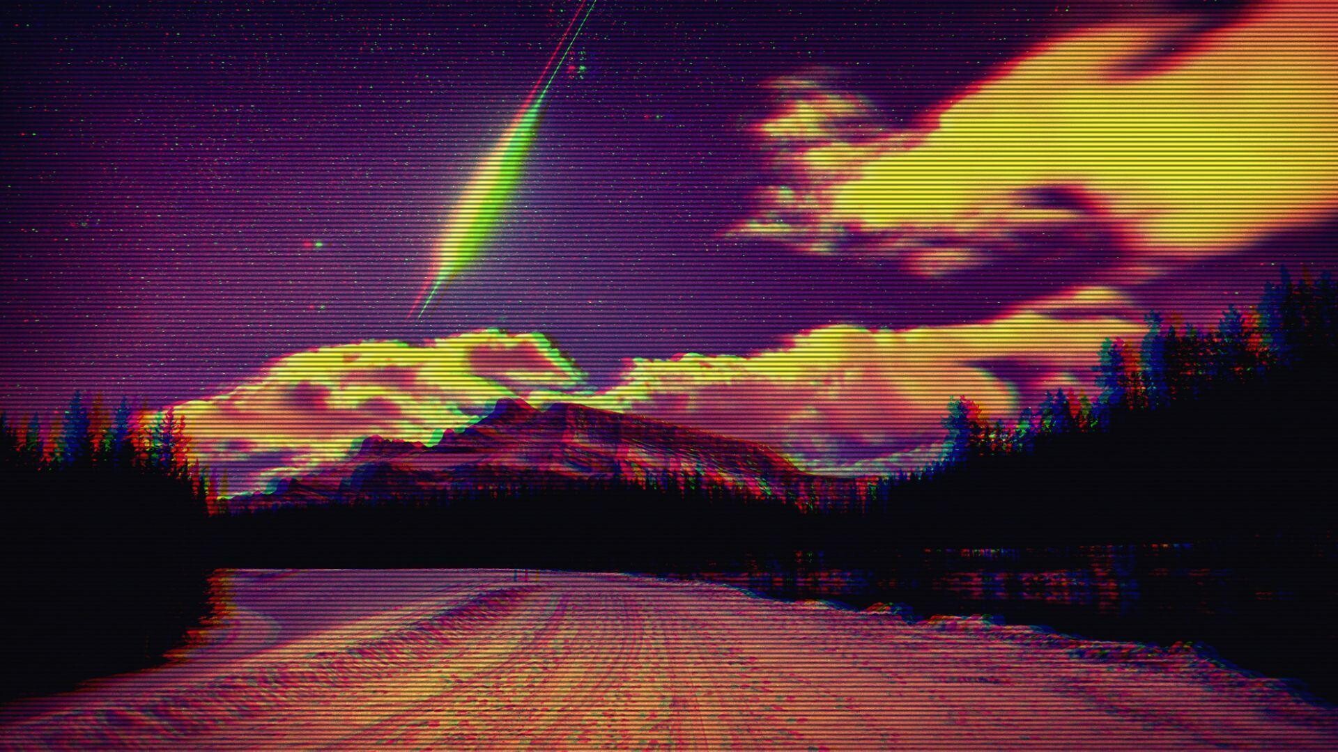 Glitch: Natural landscape, Incorrectly displayed graphics, Digital art, Meteor. 1920x1080 Full HD Background.