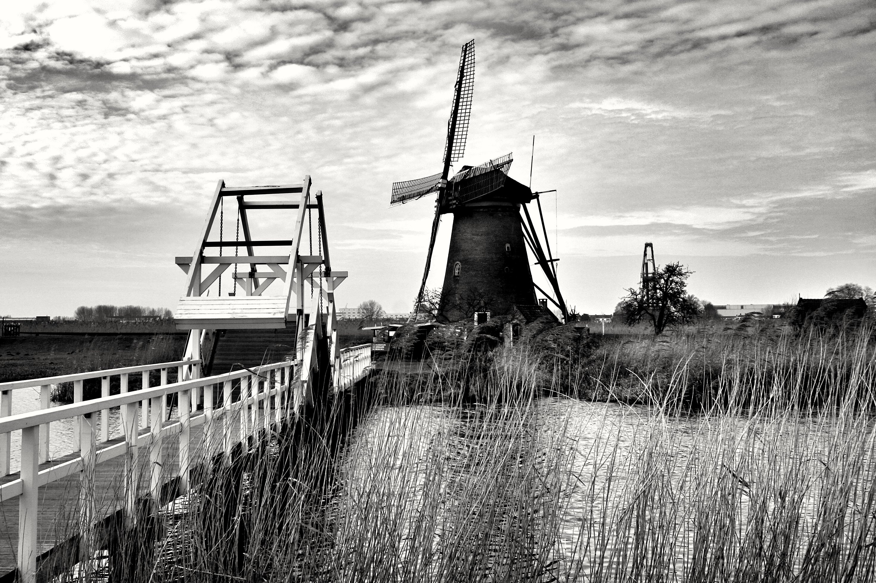 Windmills at Kinderdijk, Dutch heritage, Black and white photos, Cultural charm, 2950x1960 HD Desktop
