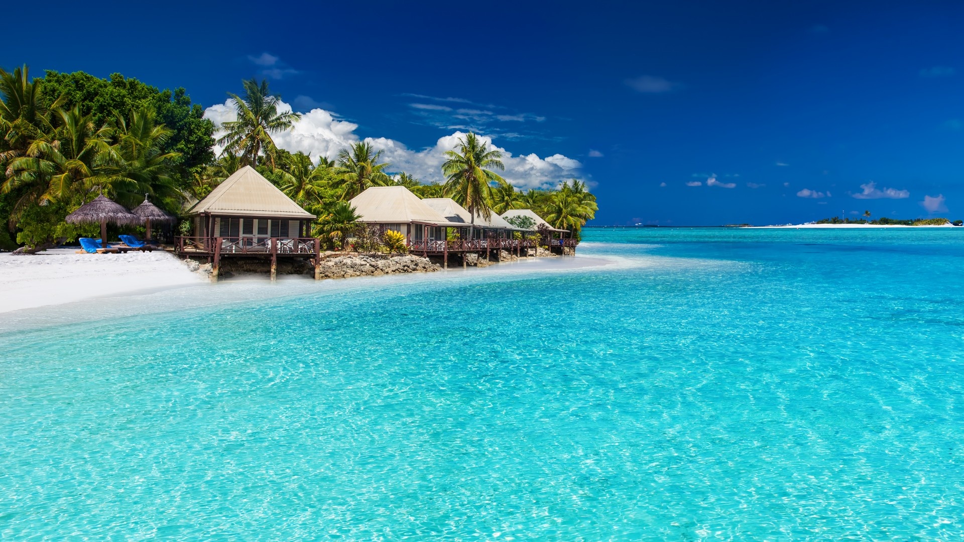 Bungalow: Fiji beach in Oceania, The South Pacific Ocean coast in Melanesia, Vacation paradise. 1920x1080 Full HD Wallpaper.