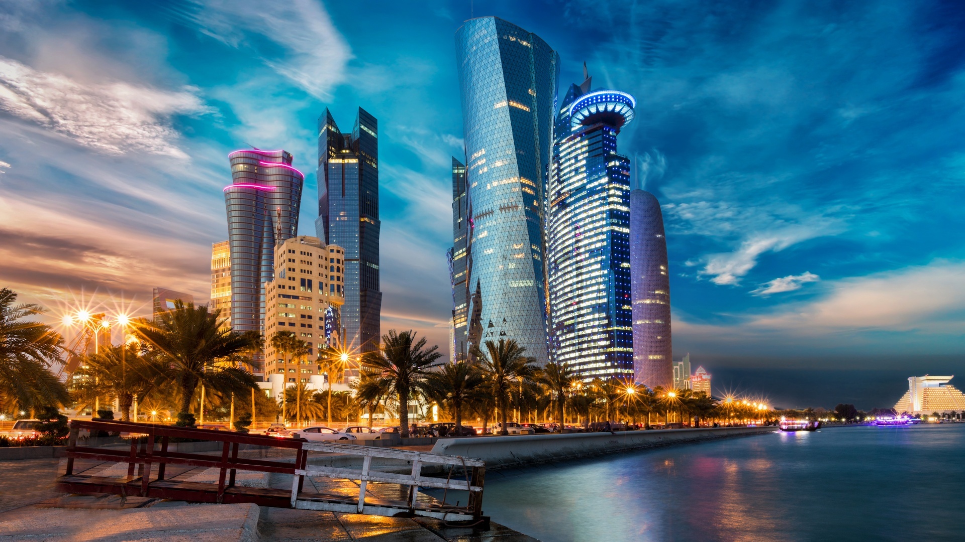 Evening skyline, Skyscrapers, Qatar city lights, Urban aesthetics, 1920x1080 Full HD Desktop