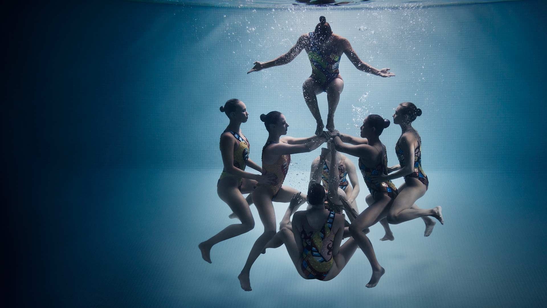 Synchronized Swimming: Underwater element of an artistic performance, Competitive water sports discipline. 1920x1080 Full HD Wallpaper.