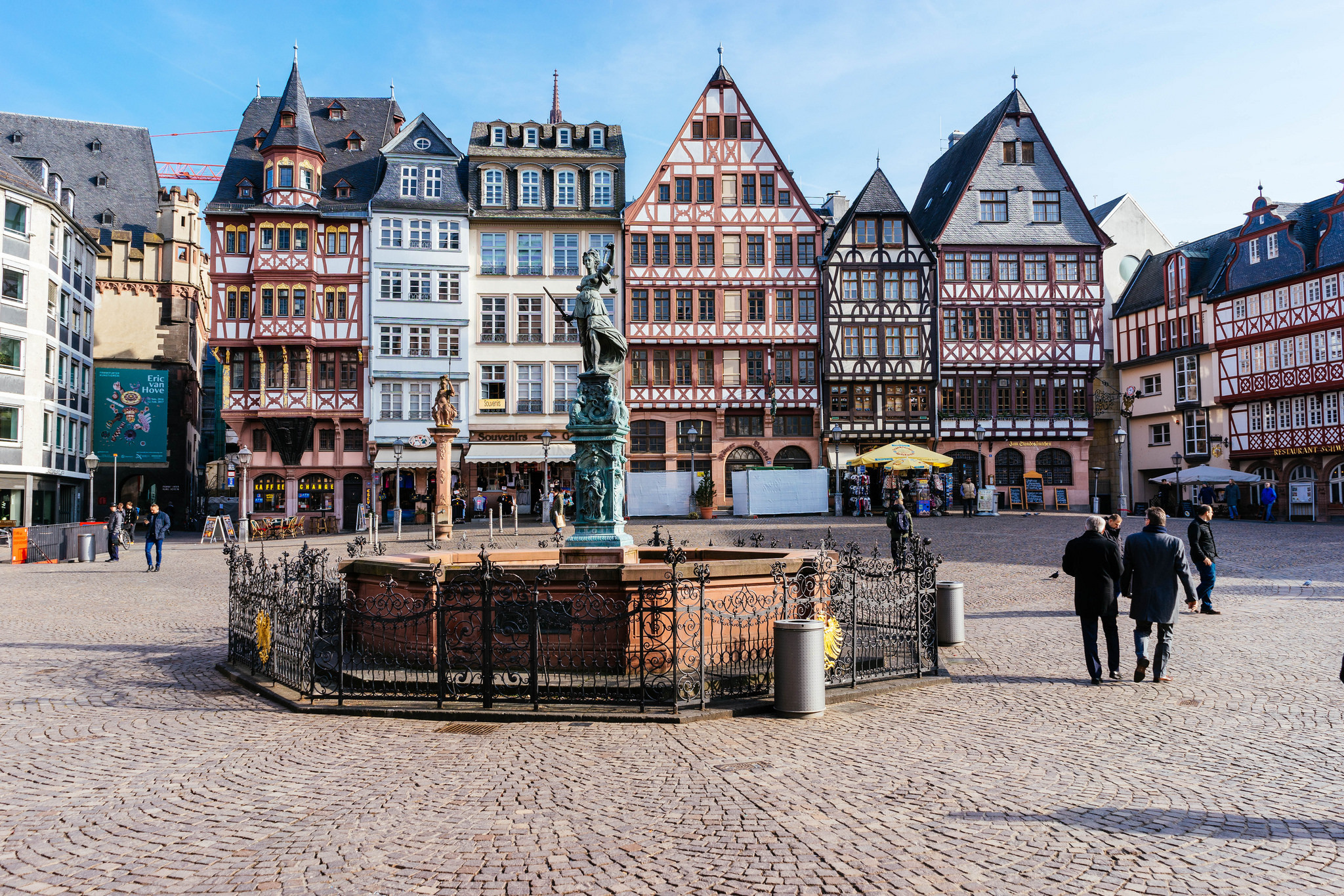 Town: Romer Platz, Justitia fountain statue in Frankfurt, Germany, Half-timbered houses. 2050x1370 HD Wallpaper.