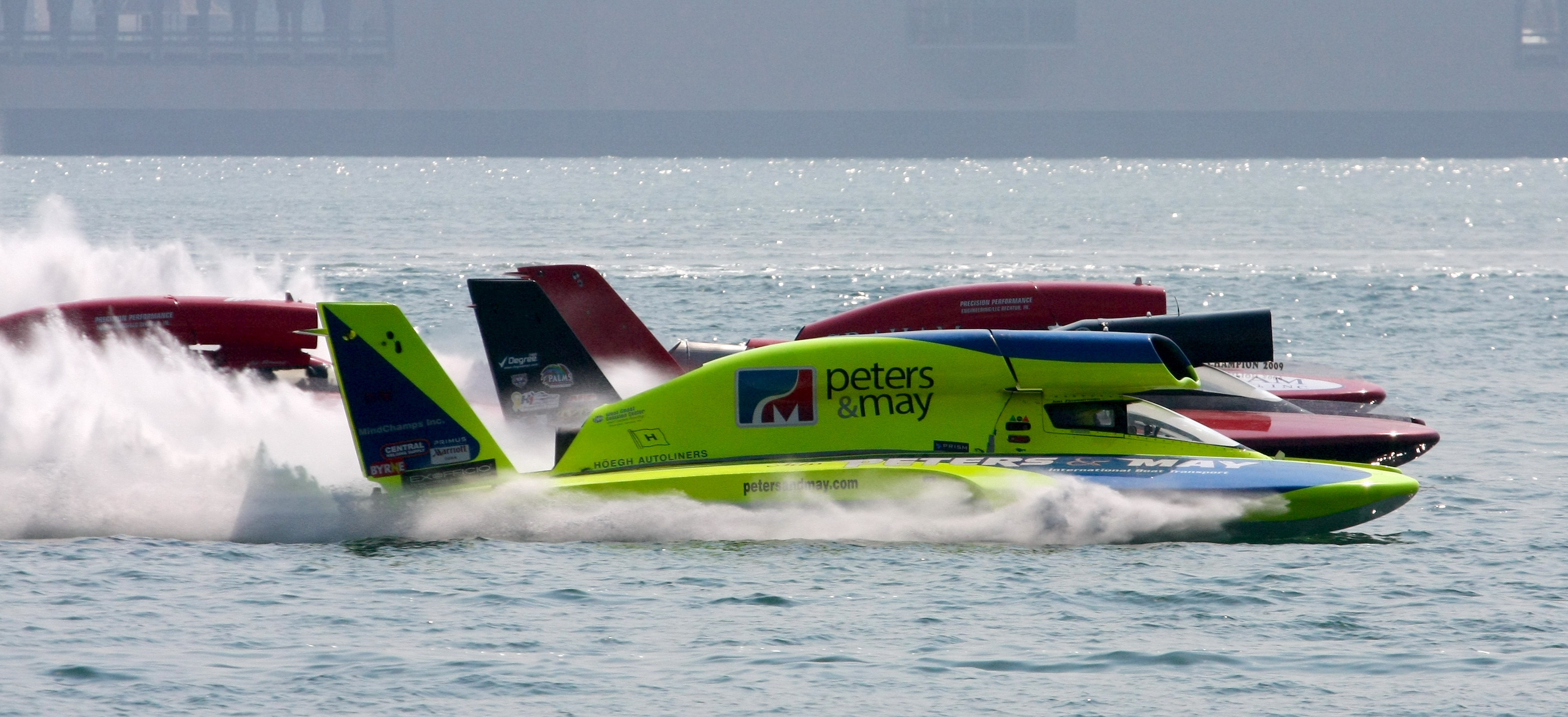 Hydroplane: Water racing, Jet boat, Flat-bottomed hull with an upward curve at the bow. 3130x1430 Dual Screen Background.