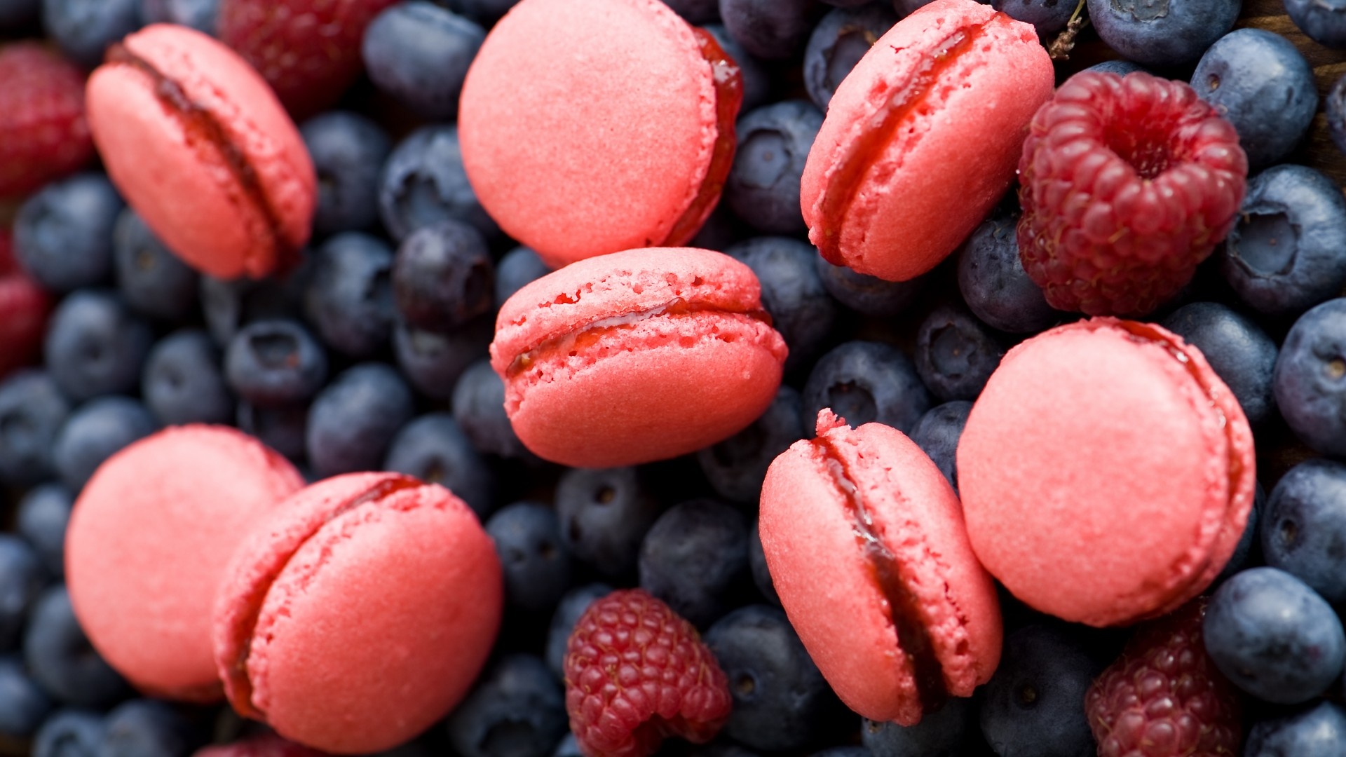 Macaron: Made with sugar and egg whites, Blueberries, Raspberry. 1920x1080 Full HD Background.