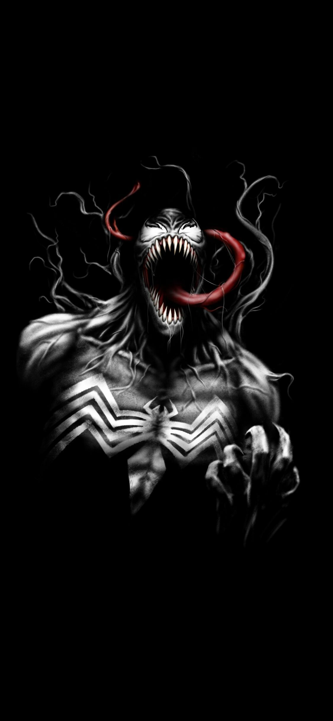 Marvel Villain: Venom, Sentient alien symbiote with an amorphous, liquid-like form, who survives by bonding with a host, usually human. 1130x2440 HD Background.