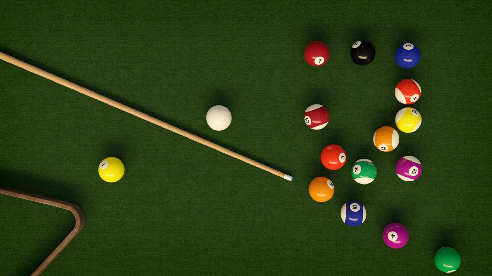 Pool (Cue Sports): Fifteen colored object balls, a cue ball and a rack on the table with a cue stick - equipment for billiards. 1920x1080 Full HD Wallpaper.