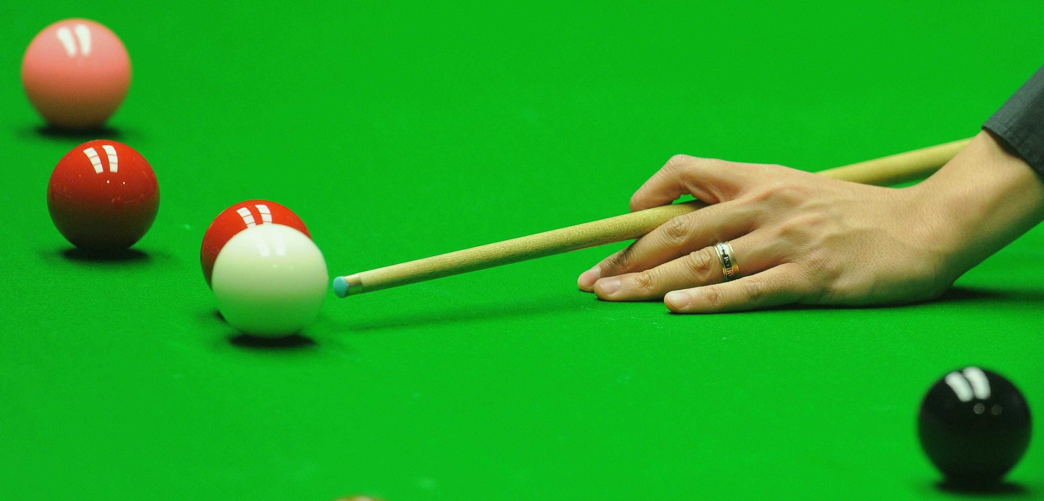 Billiards: Classic snooker game that is played with twenty-two balls - a cue ball, fifteen red balls, and six other balls. 3600x1730 Dual Screen Wallpaper.