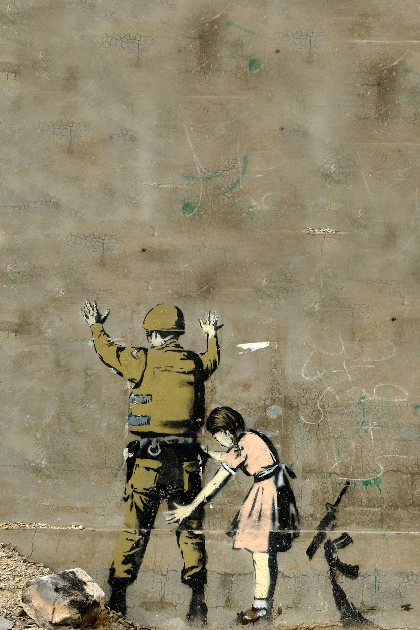 Banksy: Girl Frisking Soldier, located on the West Wall of Bethlehem. 1400x2100 HD Wallpaper.